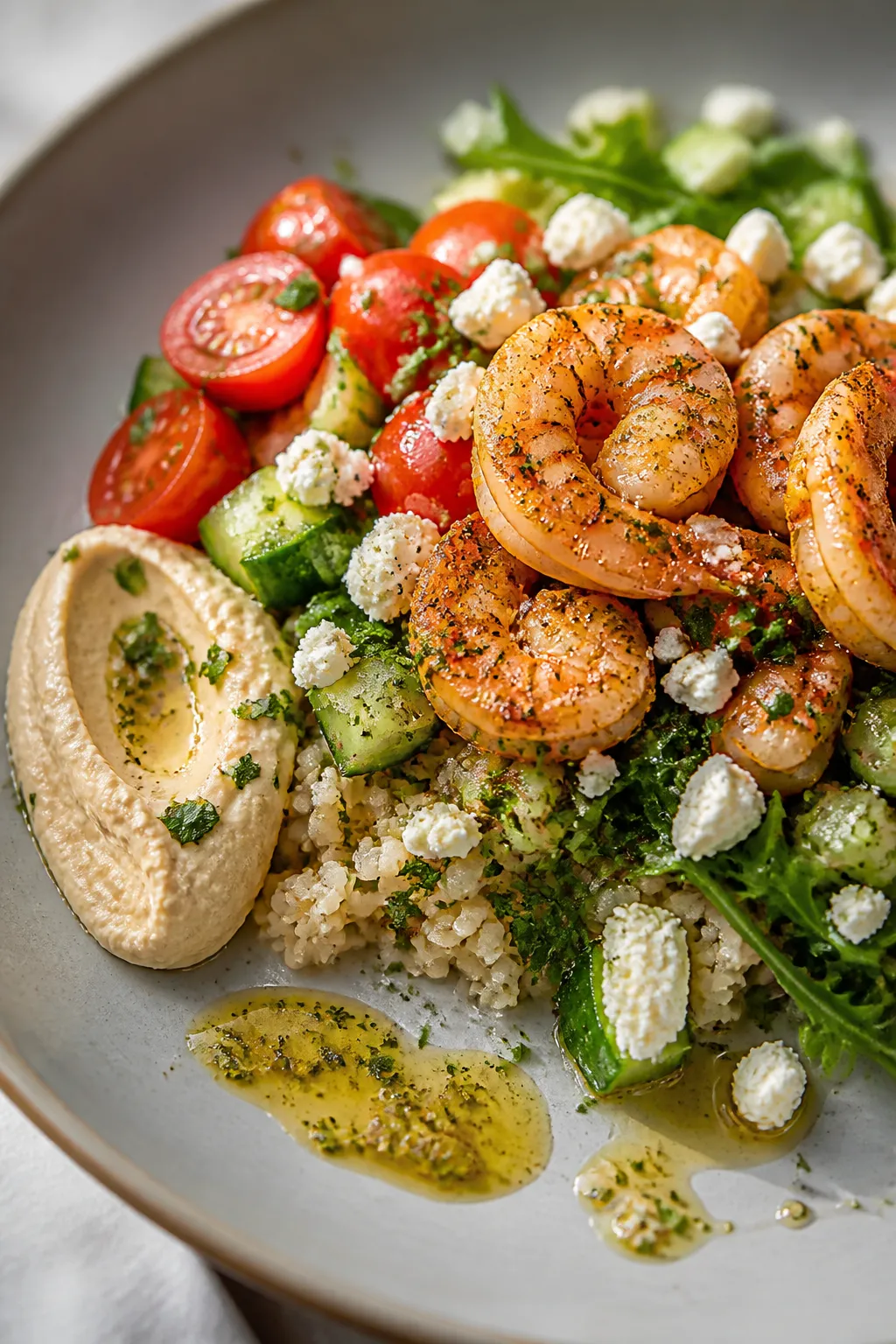 Final plated close-up: Beautifully plated Mediterranean Shrimp Bowl detail with focus on juicy shrim