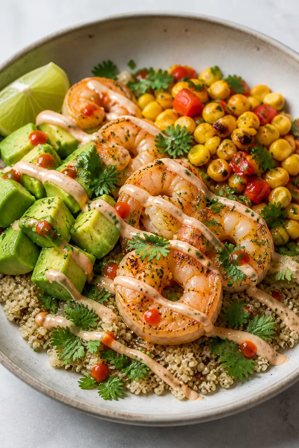 Final plated detail: Beauty shot of a single finished bowl with quinoa base, topped with plump shrim