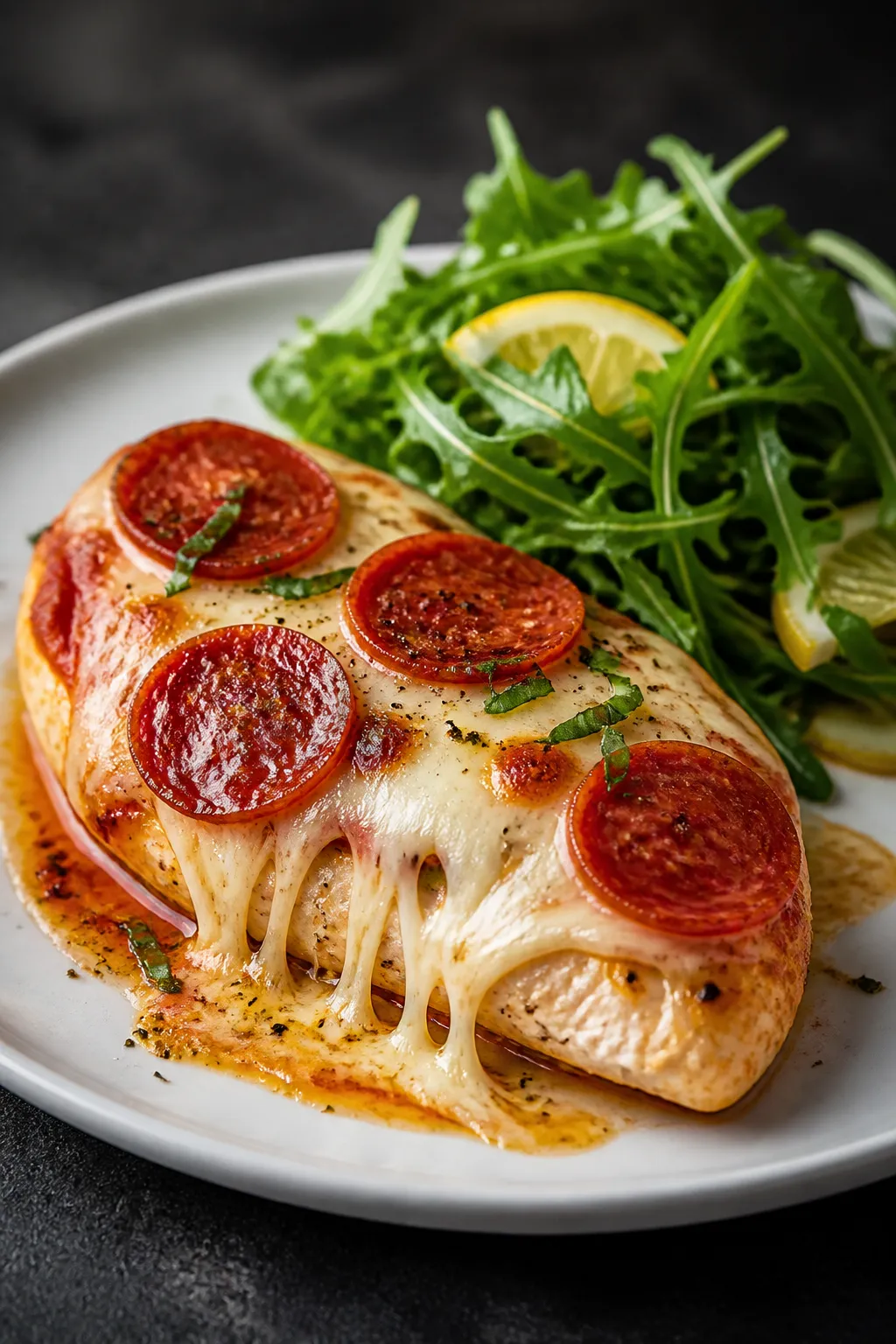 Final plated dish, : A single portioned chicken breast on a white ceramic plate, sauce pooling subtl