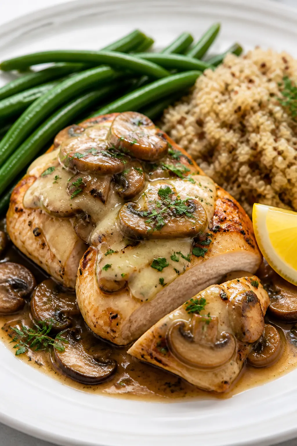 Final plated dish: Beautifully plated Mushroom Swiss Chicken on a warm white dinner plate—one chee