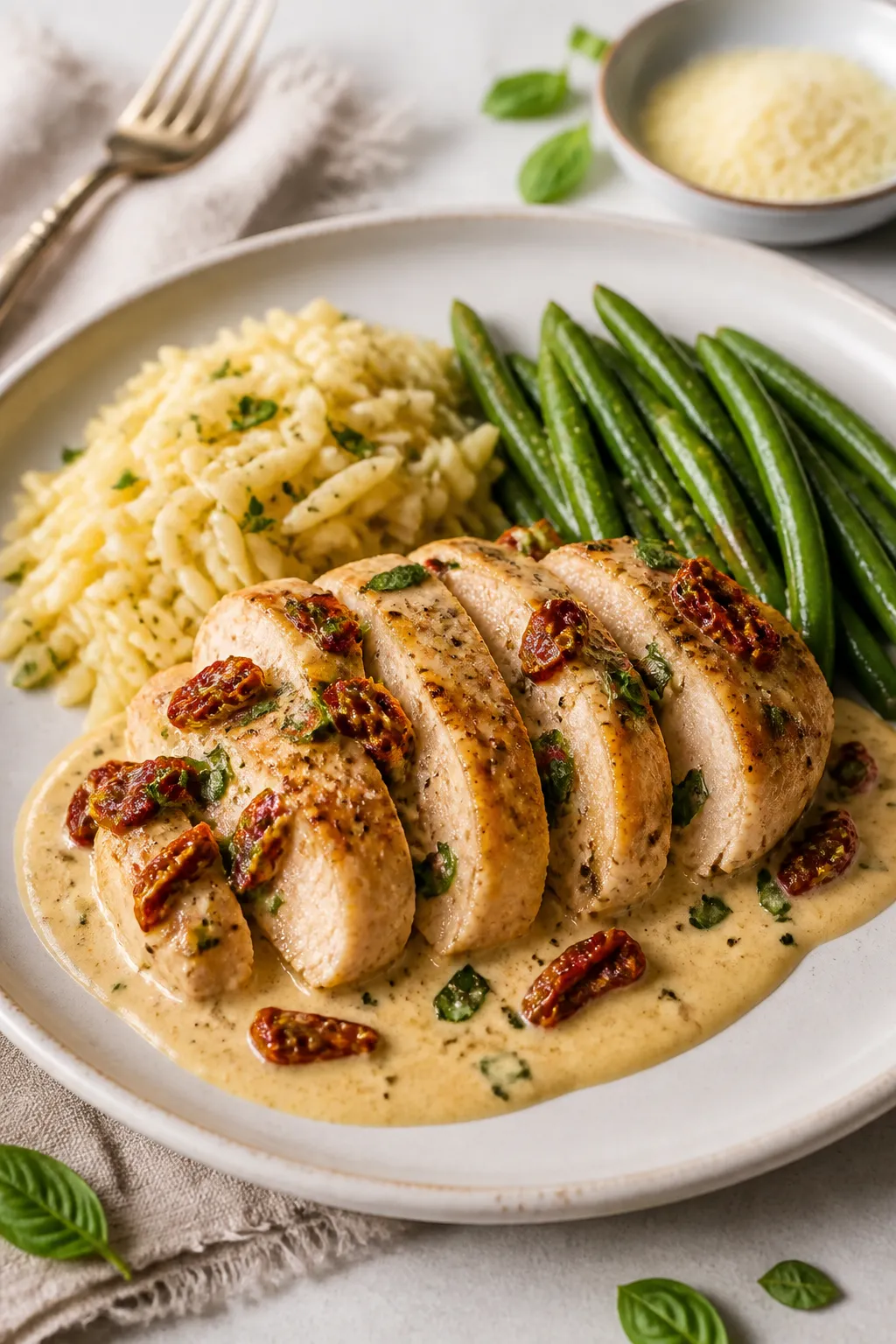 Final plated dish beauty: Marry Me Chicken sliced and fanned over creamy Parmesan sauce on a warm wh
