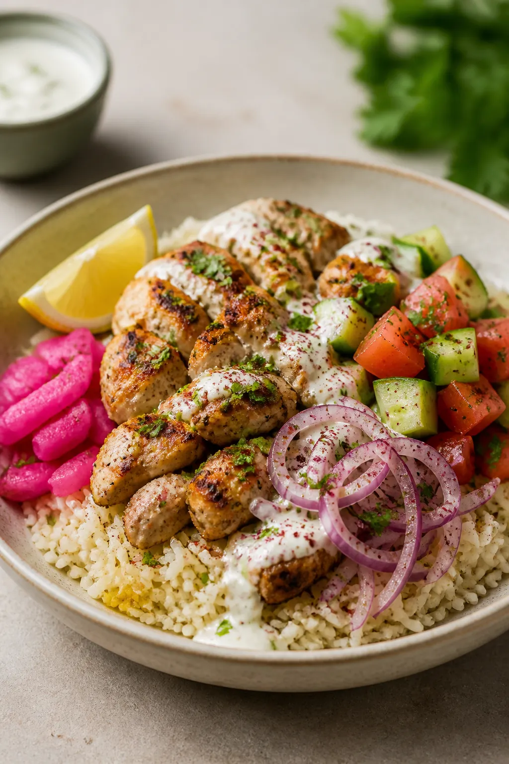 Final plated dish beauty: Restaurant-quality Chicken Shawarma Bowl plated in a wide, shallow ceramic