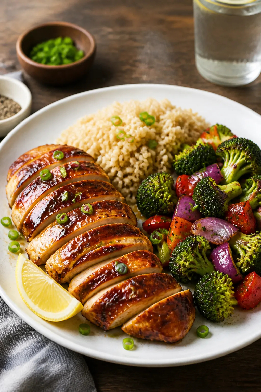 Final plated dish beauty: Restaurant-quality plate of BBQ chicken meal with fanned slices of glossy,