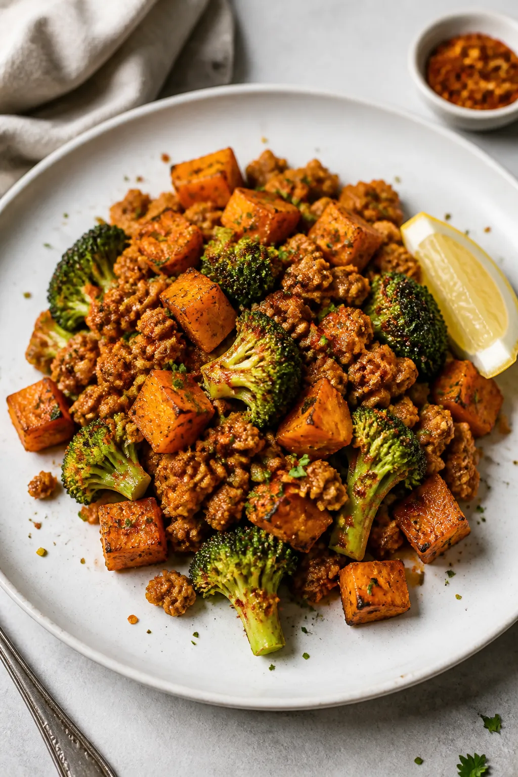 Final plated dish beauty: Restaurant-style presentation of Turkey Sweet Potato Meal Prep on a wide w