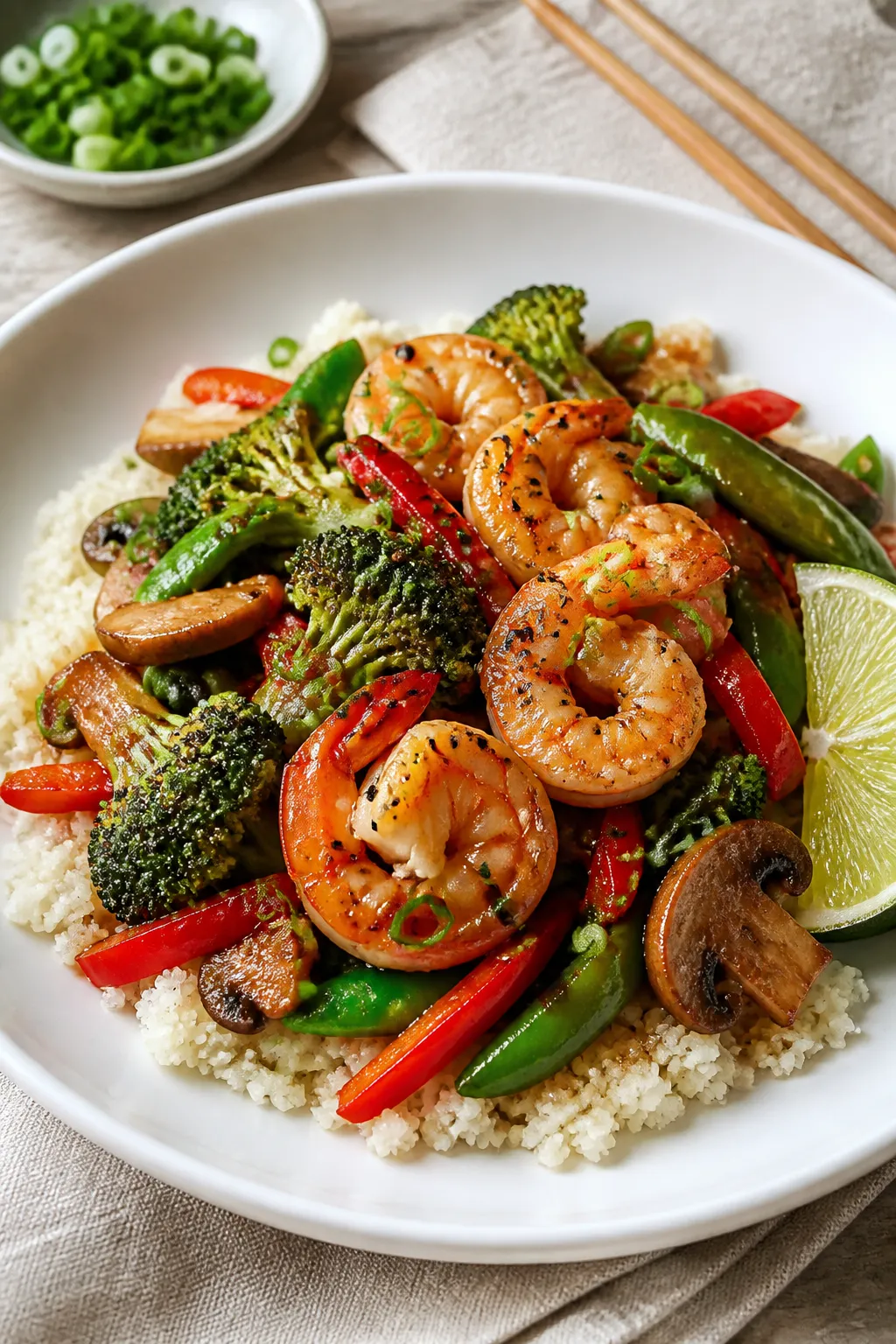 Final plated dish beauty shot: Easy Low Carb Shrimp Stir Fry served in a wide white shallow bowl ove