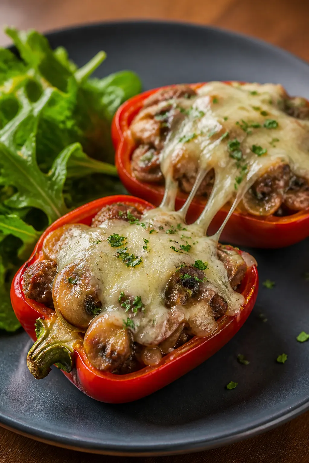 Final plated dish beauty: Two Healthy Philly Cheesesteak Stuffed Pepper halves plated on a matte cha