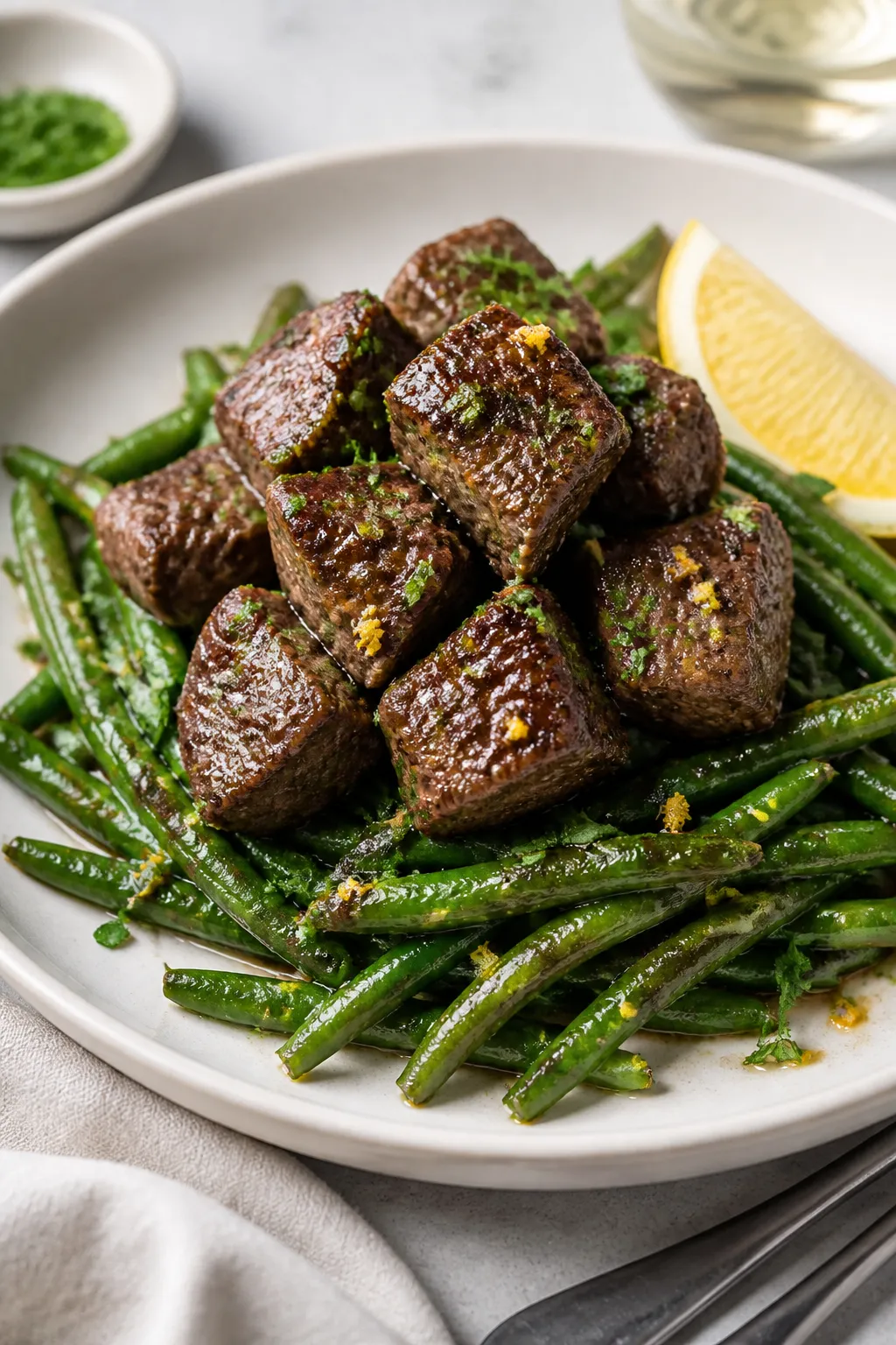 Final plated dish: Garlic Butter Steak Bites and Green Beans arranged on a warm white shallow bowl,