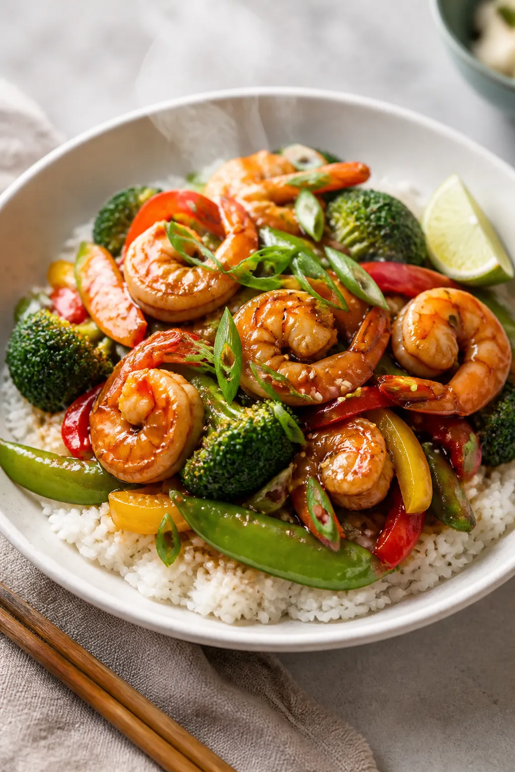 Final plated dish, hero shot: High Protein Shrimp Stir Fry artfully piled over fluffy jasmine rice i