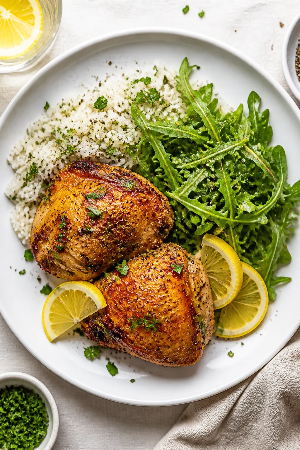 Final plated dish, overhead: Restaurant-quality presentation of Air Fryer Garlic Herb Chicken Thighs
