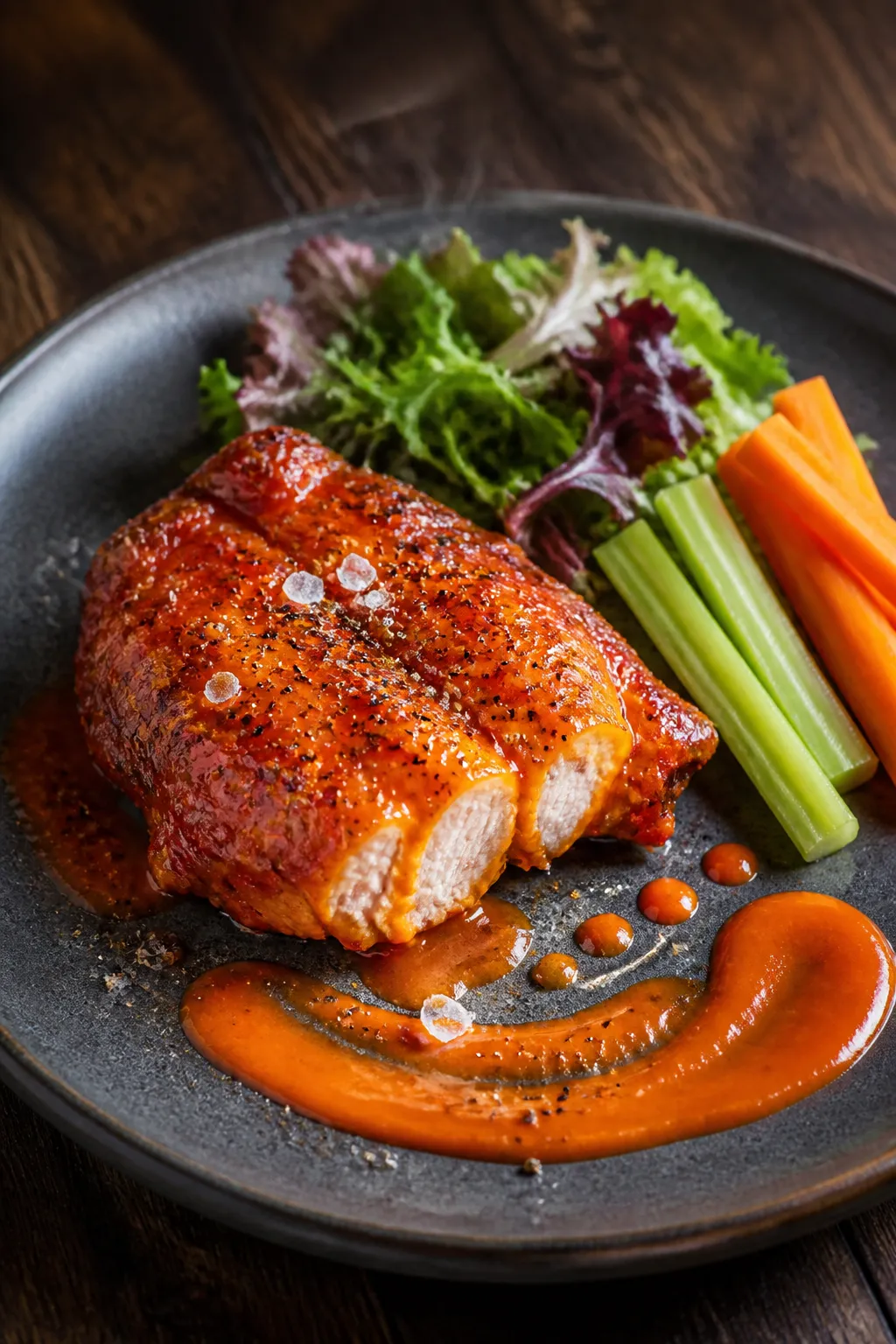 Final plated dish presentation: Restaurant-quality plate featuring one sauced buffalo chicken thigh 