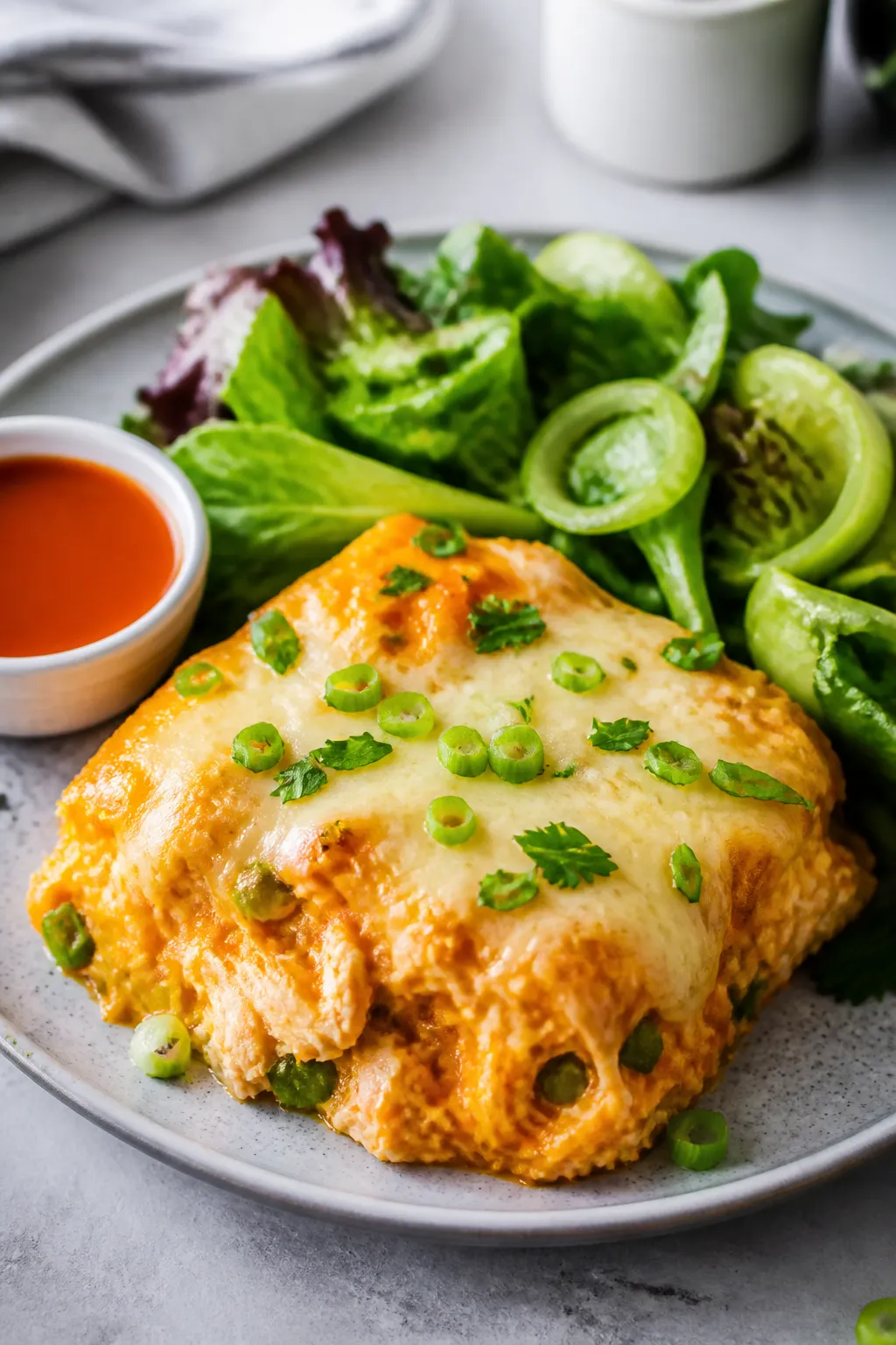Final plated dish, restaurant-quality: A generous square of buffalo chicken casserole neatly plated 