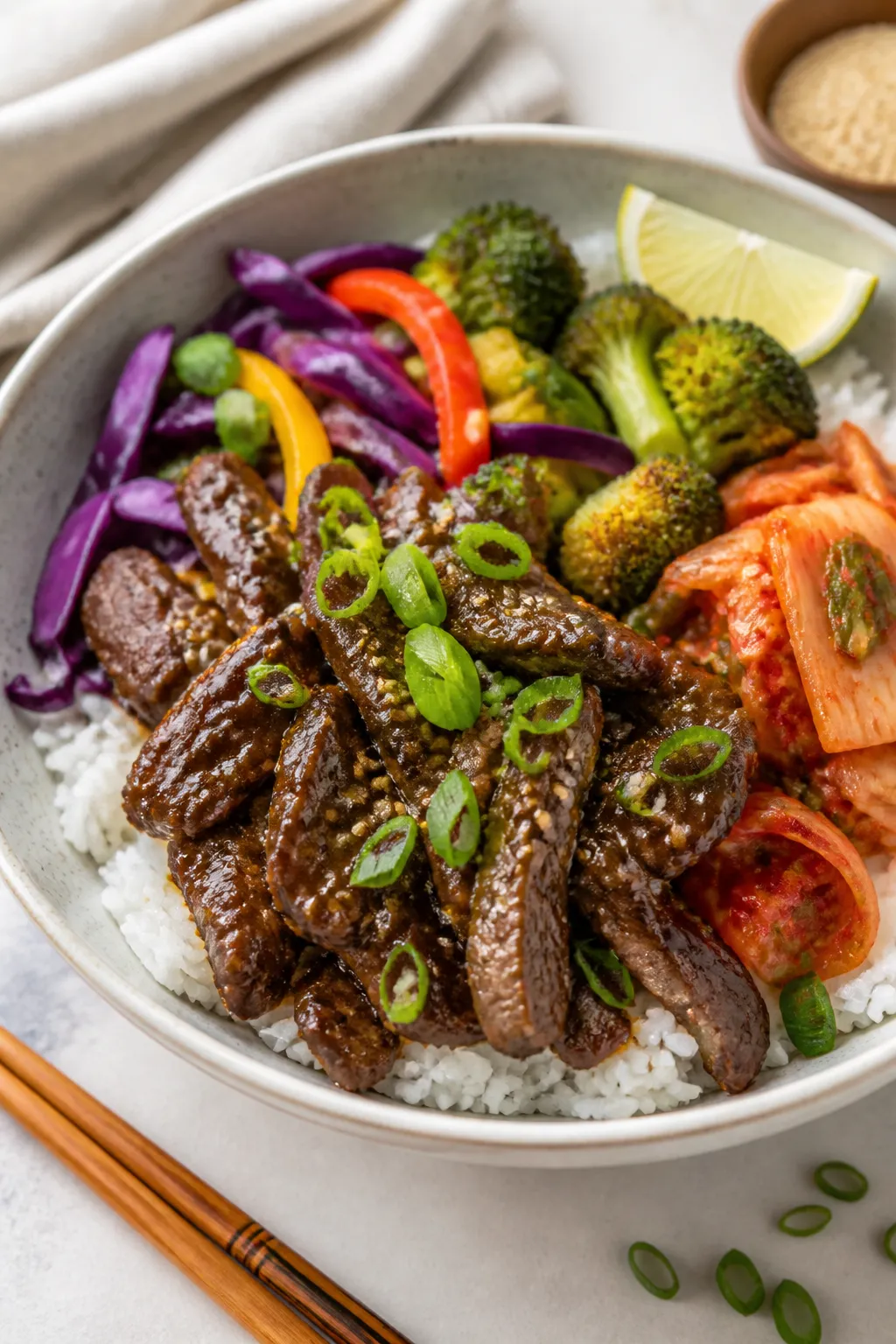Final plated dish, restaurant-quality: Beautifully plated Healthy Korean Beef Bowl in a wide ceramic