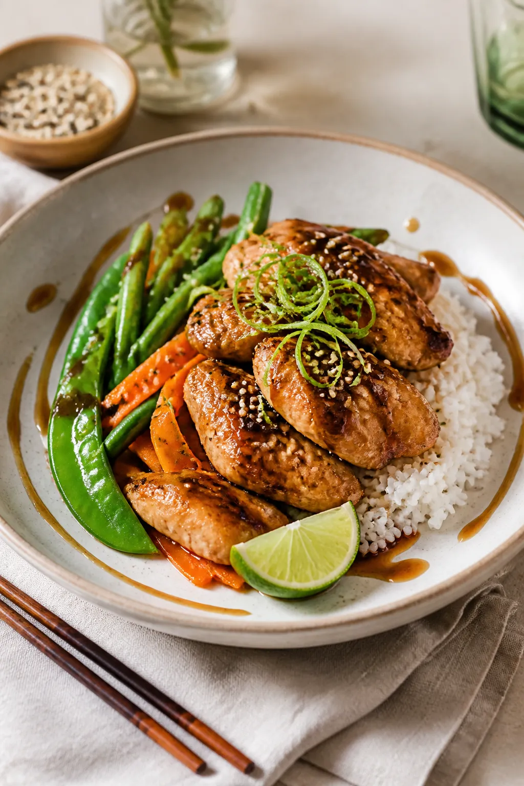 Final plated dish, restaurant-quality: Beautifully plated Skinny Teriyaki Chicken bowl on a wide, sh