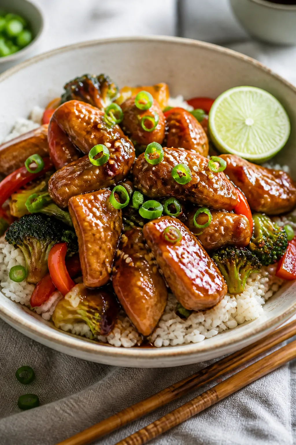 Final plated dish, restaurant-quality: Beautifully plated teriyaki chicken bowl in a wide, shallow c