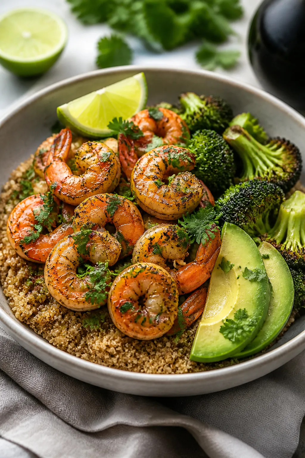 Final plated dish: Restaurant-quality bowl of chili lime shrimp over fluffy quinoa with roasted broc