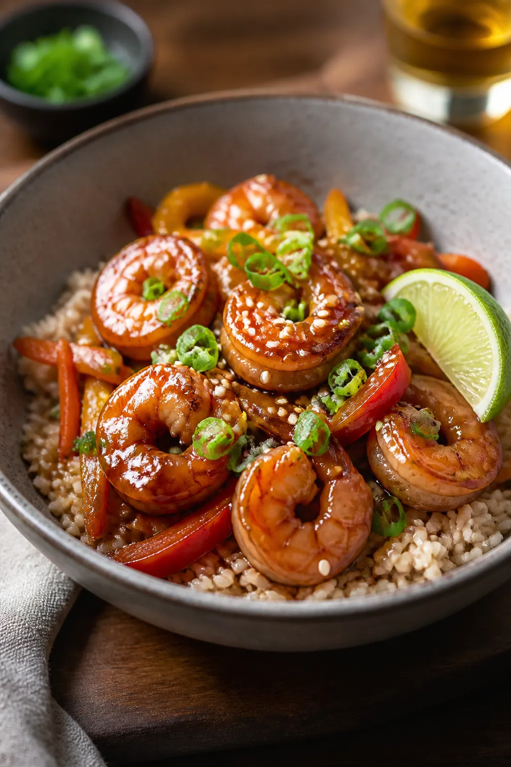 Final plated dish: Restaurant-quality bowl of honey garlic shrimp over brown rice, mixed sautéed be