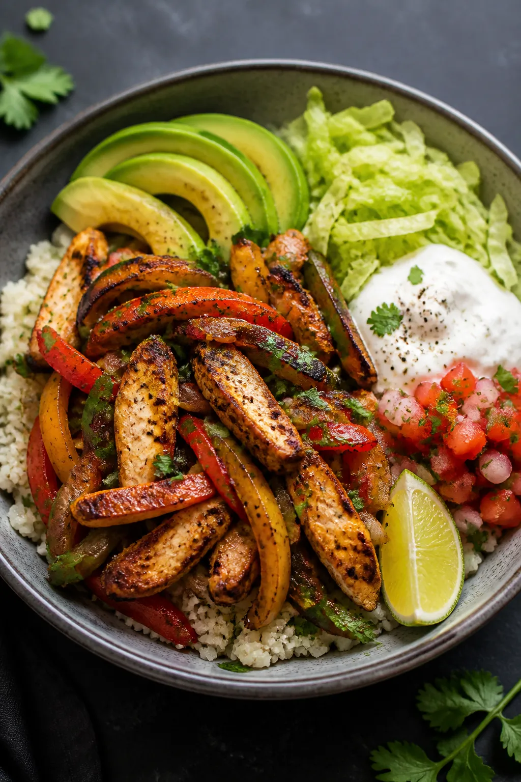 Final plated dish: Restaurant-quality chicken fajita bowl served over cauliflower rice with avocado