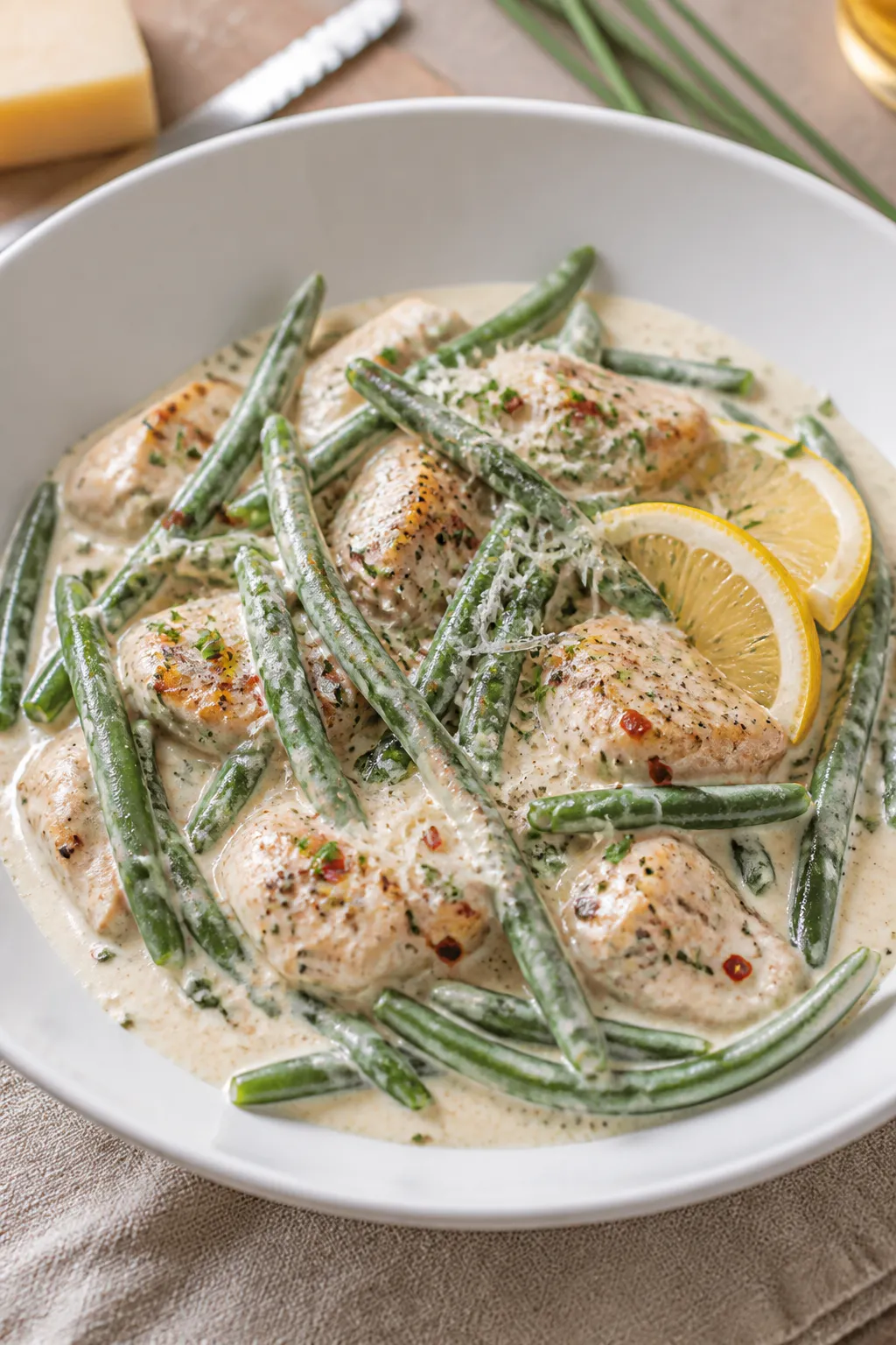 Final plated dish, restaurant-quality: Creamy Ranch Chicken and Green Beans plated in a wide, shallo
