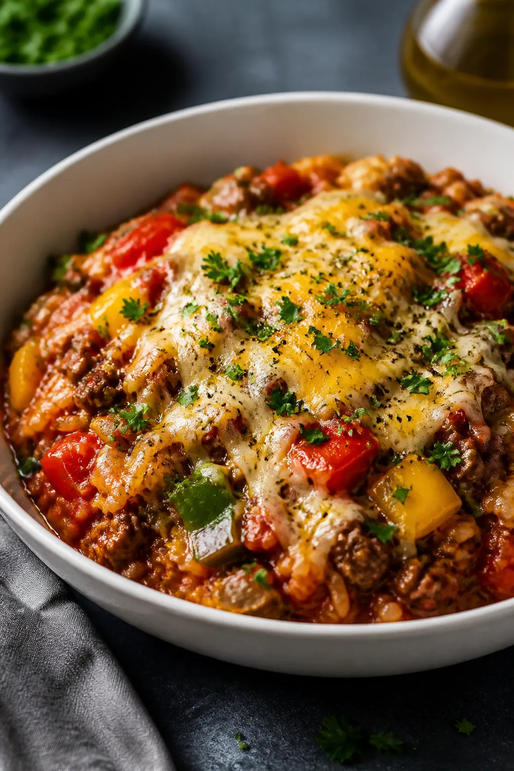 Final plated dish — Restaurant-quality presentation of a single Stuffed Pepper Bowl: a warm, shall
