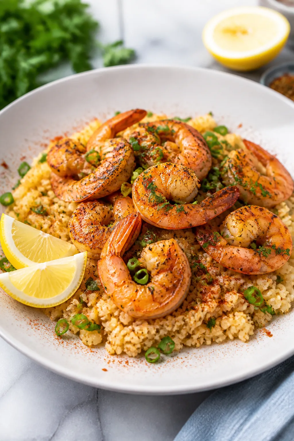 Final plated dish — Restaurant-quality presentation of Cajun Shrimp and Cauliflower Rice: a shallo