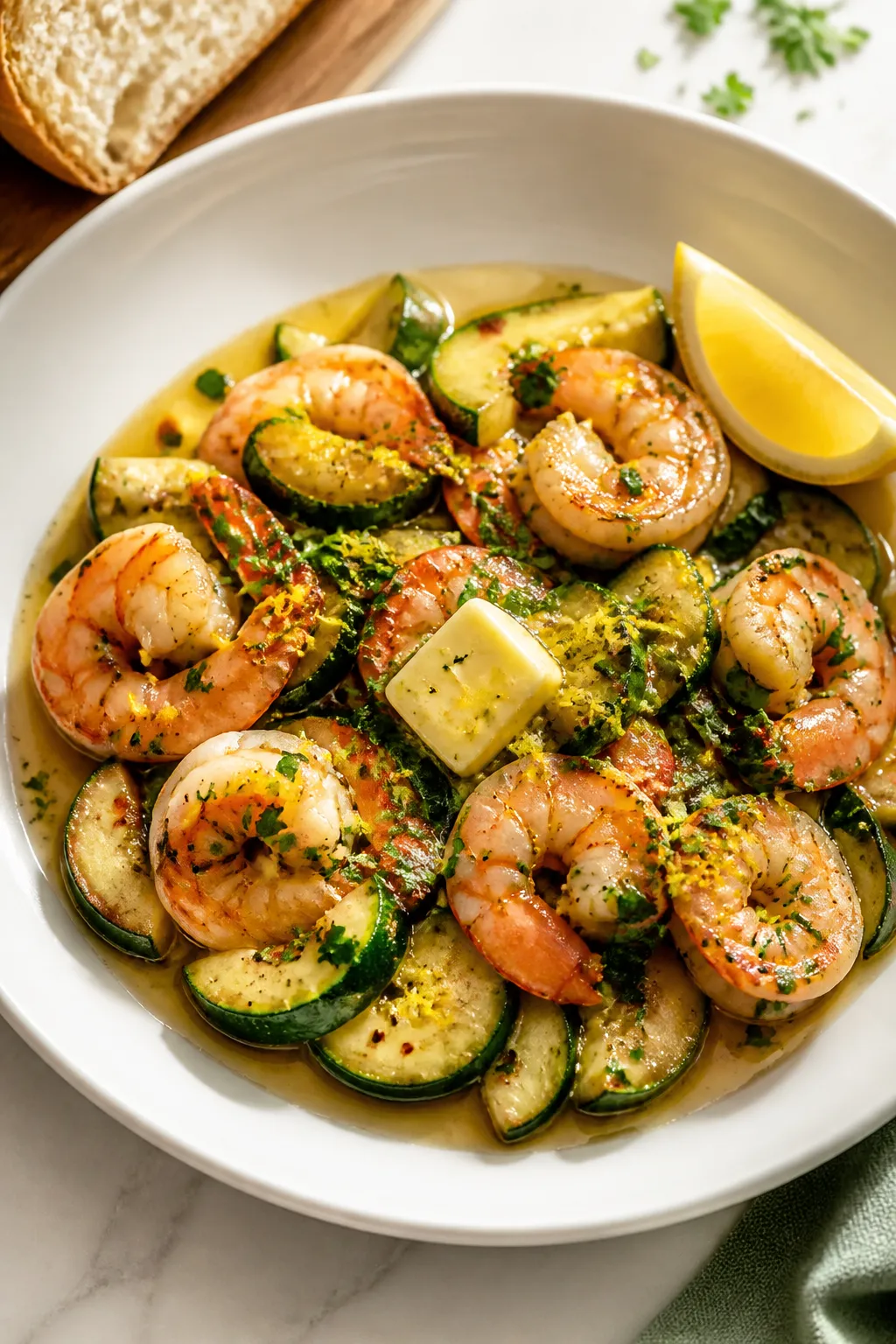 Final plated dish, restaurant-quality presentation: Garlic Butter Shrimp and Zucchini plated in a wi