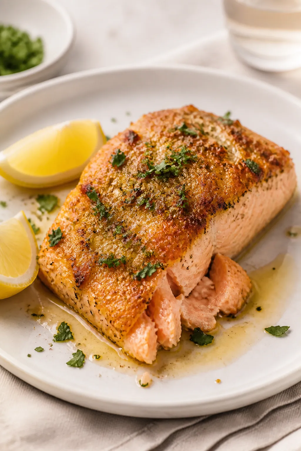Final plated dish: Restaurant-quality presentation of Parmesan-crusted salmon on a matte white plate