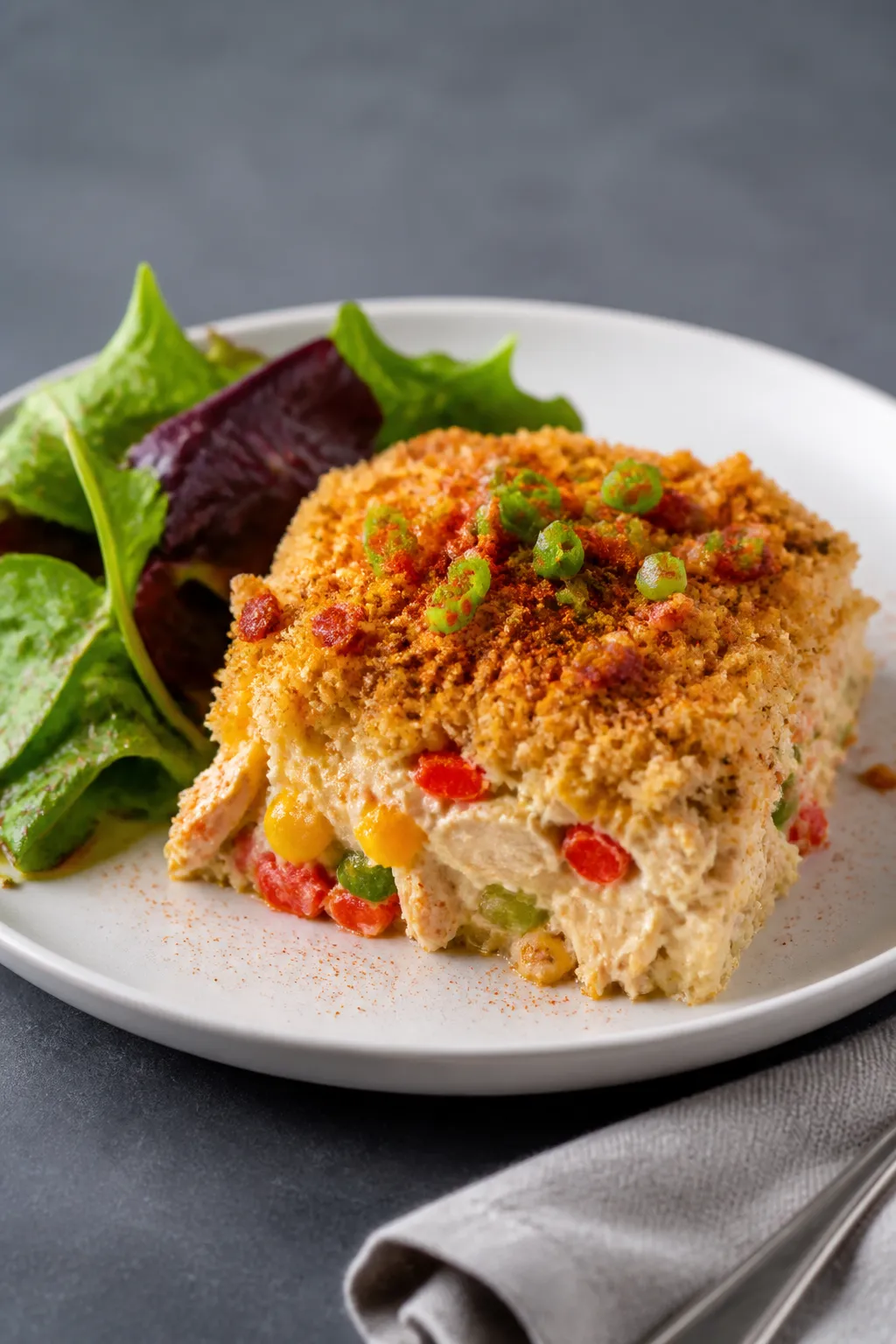 Final plated dish: Restaurant-quality presentation of a neatly scooped square of Healthy Crack Chick