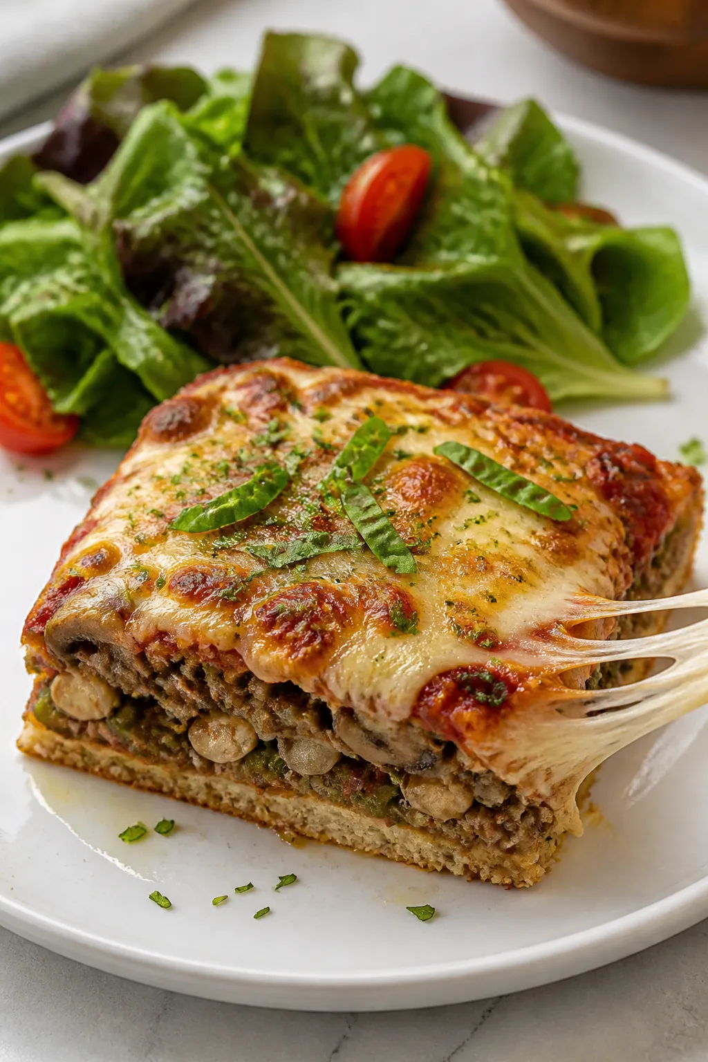 Final plated dish: Restaurant-quality presentation of a neat square slice of low carb pizza casserol