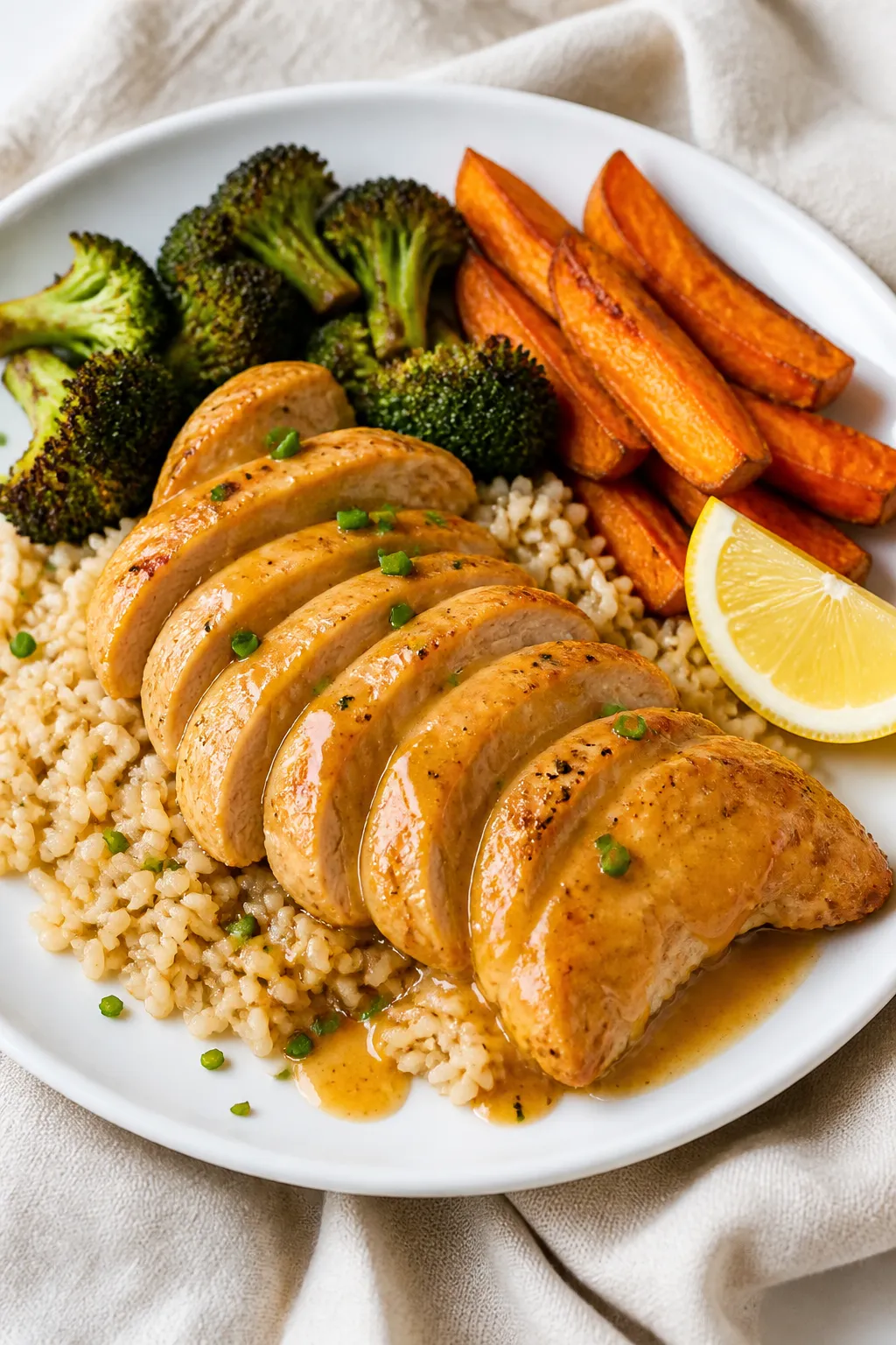 Final plated dish: Restaurant-quality presentation of Healthy Honey Mustard Chicken sliced and fanne