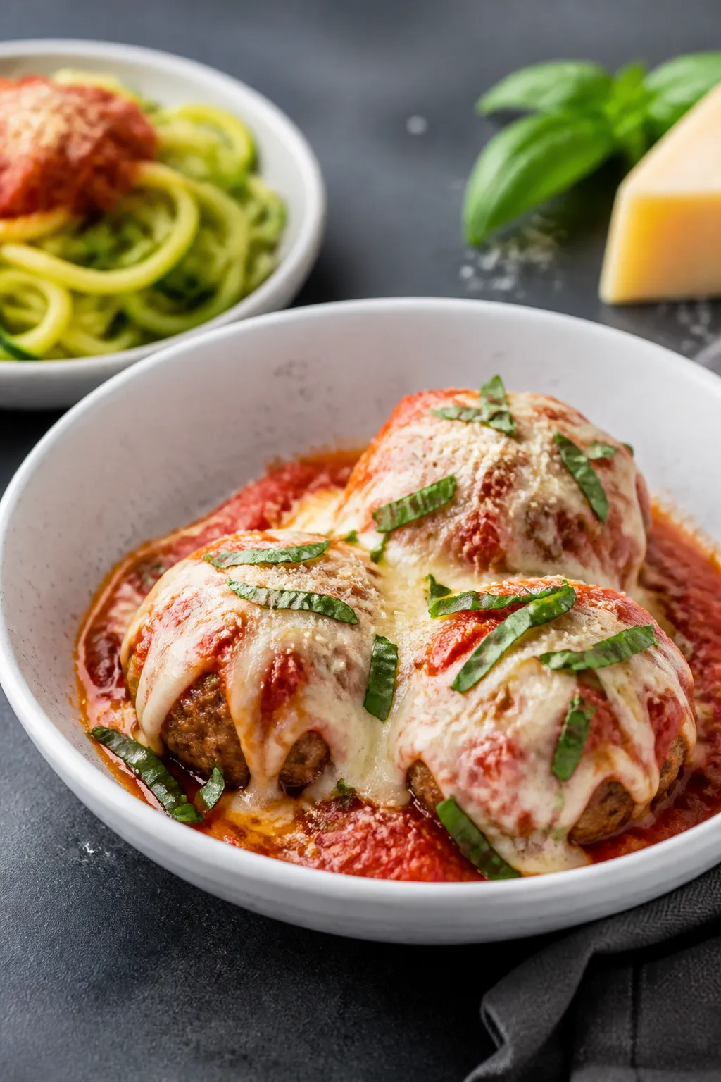 Final plated dish: Restaurant-quality presentation of Low Carb Meatball Parmesan Bake served in a wi