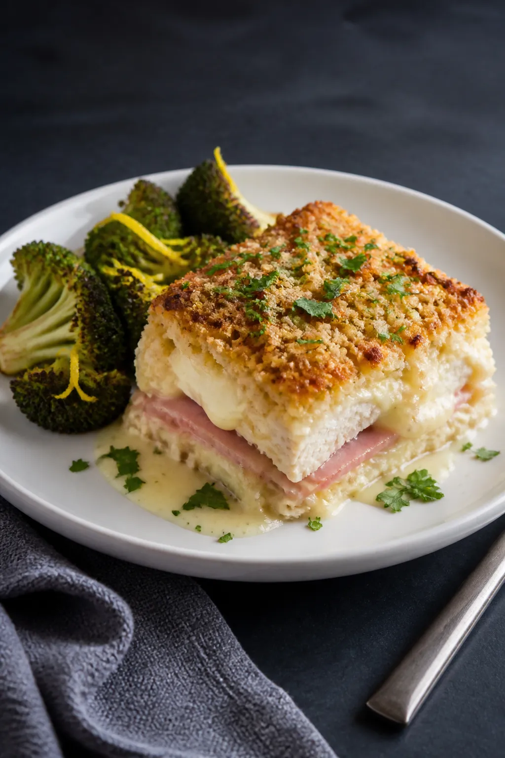 Final plated dish: Restaurant-quality presentation of a neatly scooped square of Chicken Cordon Bleu