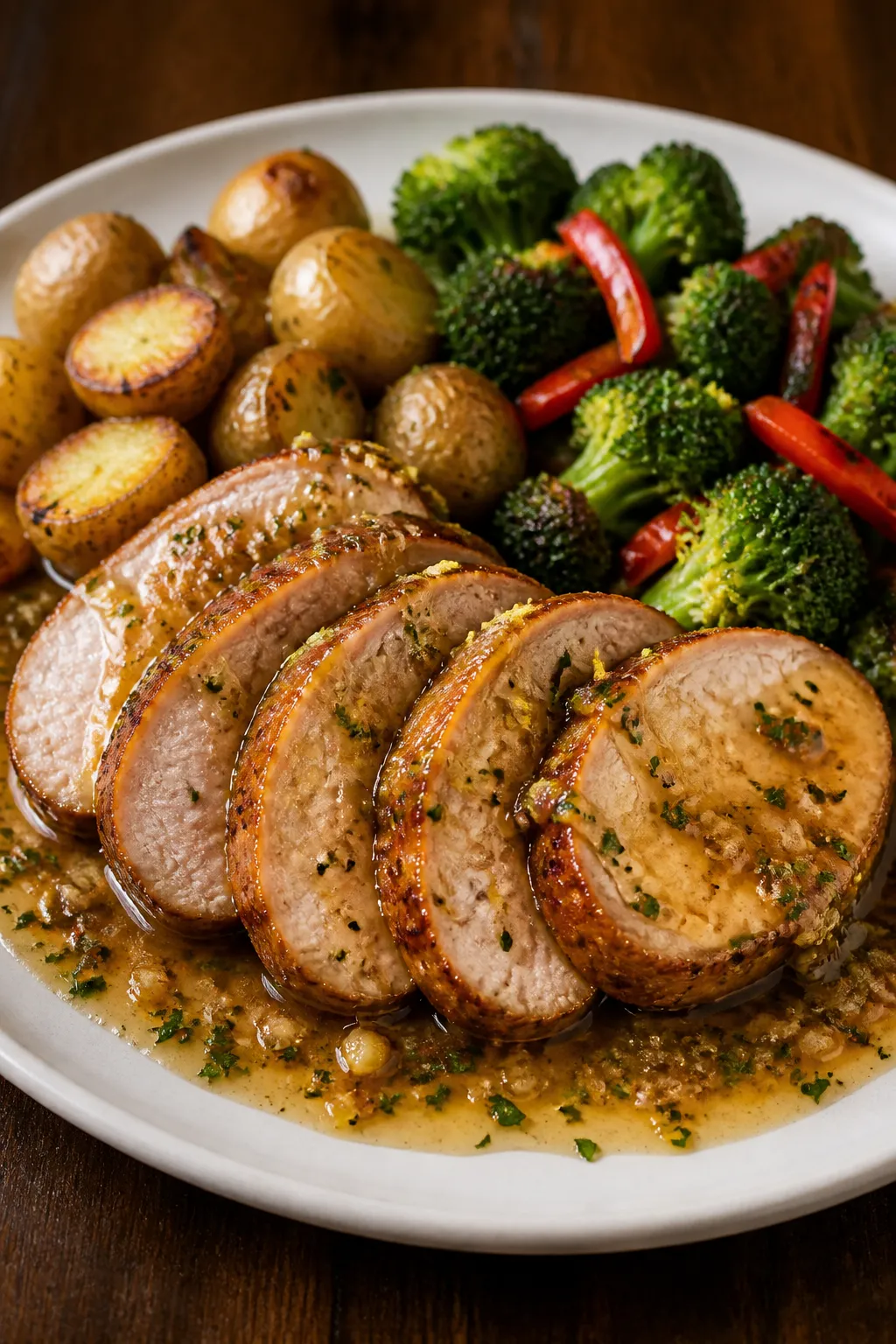 Final plated dish, restaurant-quality presentation: Sliced pork tenderloin medallions fanned on a wa