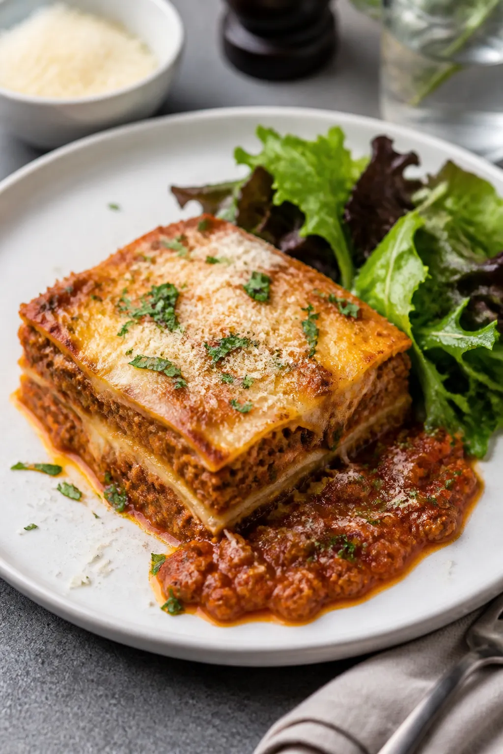Final plated dish: Restaurant-quality presentation of a single lasagna portion on a white stoneware