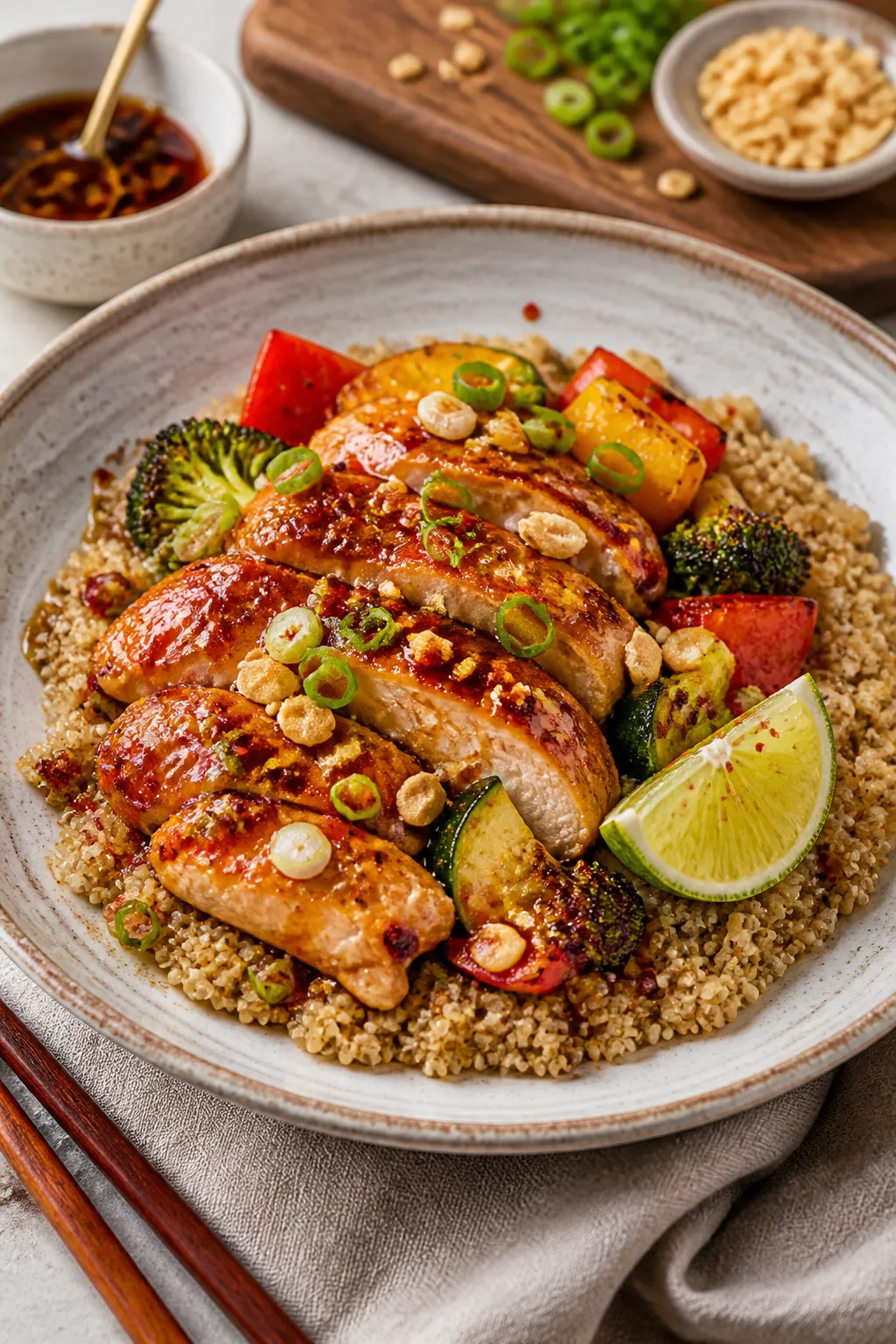 Final plated dish: Restaurant-quality presentation of a single Hot Honey Chicken Bowl on a wide, sha