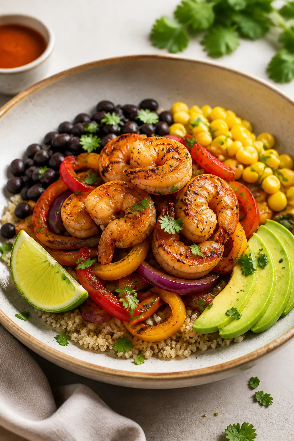 Final plated dish, restaurant-quality presentation: Beautifully plated shrimp fajita bowl in a wide,