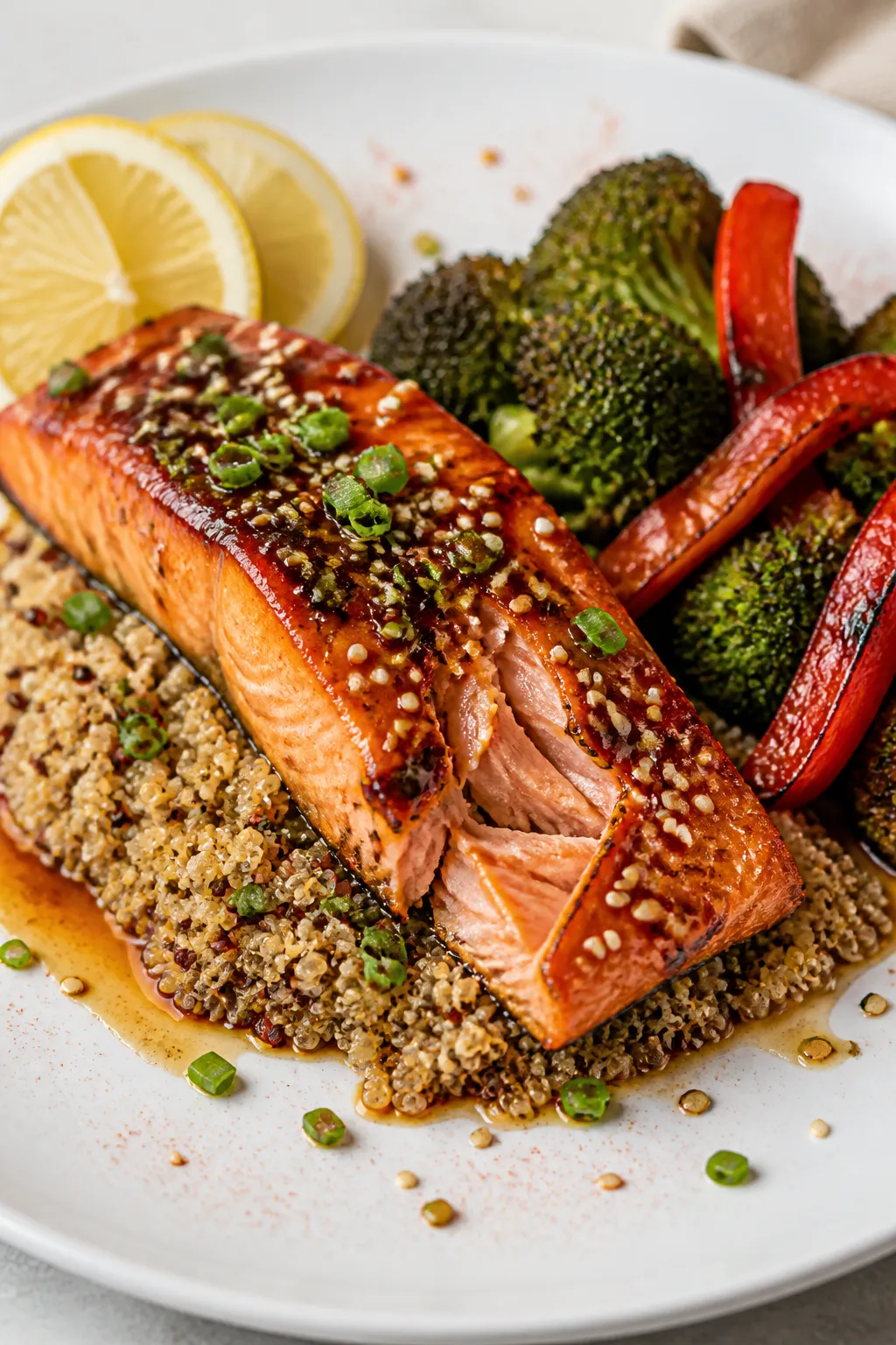 Final plated dish: Restaurant-quality presentation of honey garlic salmon over a bed of quinoa on a