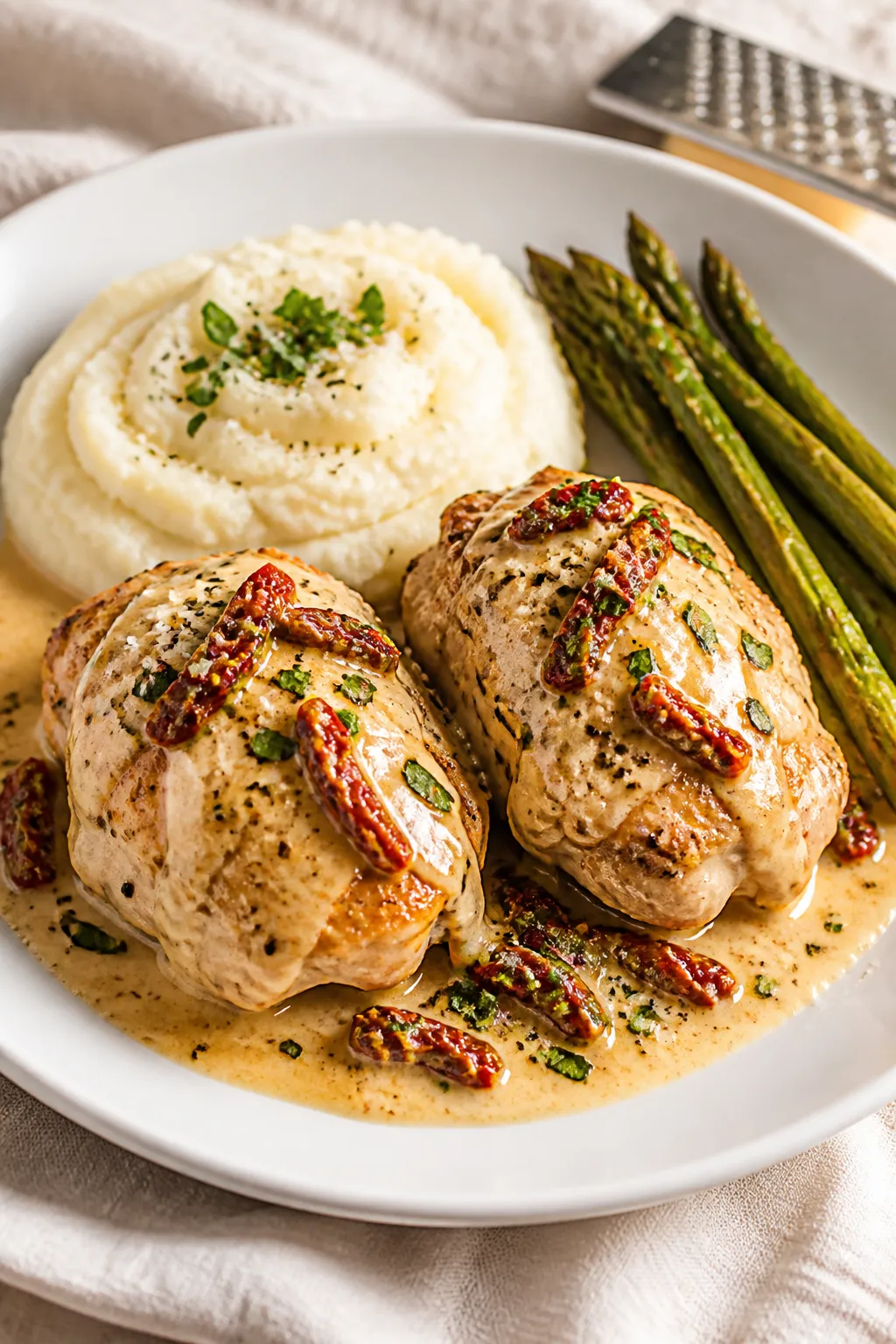 Final plated dish, restaurant-quality presentation: Beautifully plated Keto-Friendly Marry Me Chicke