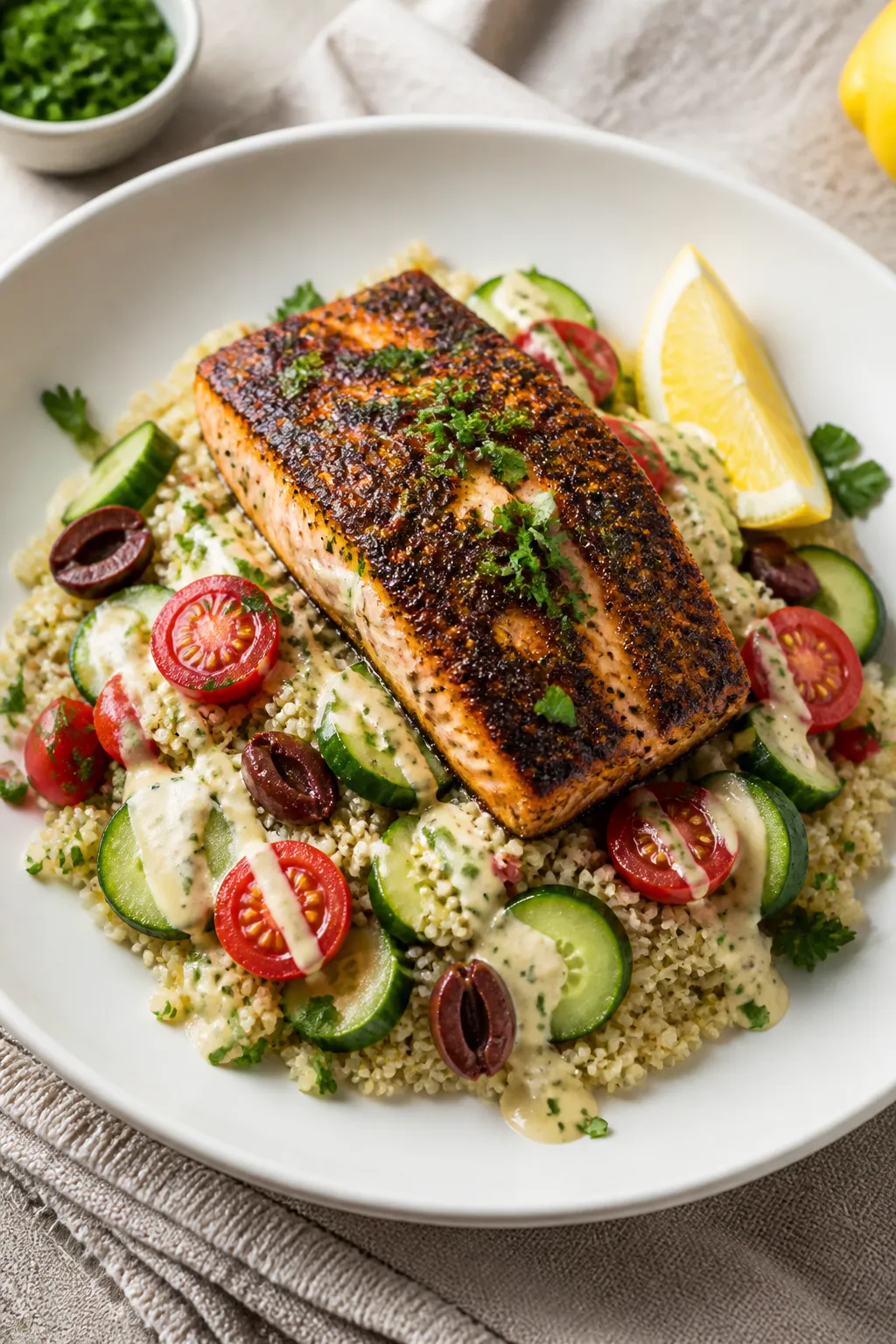 Final plated dish: Restaurant-quality presentation of blackened salmon over quinoa with a Mediterran