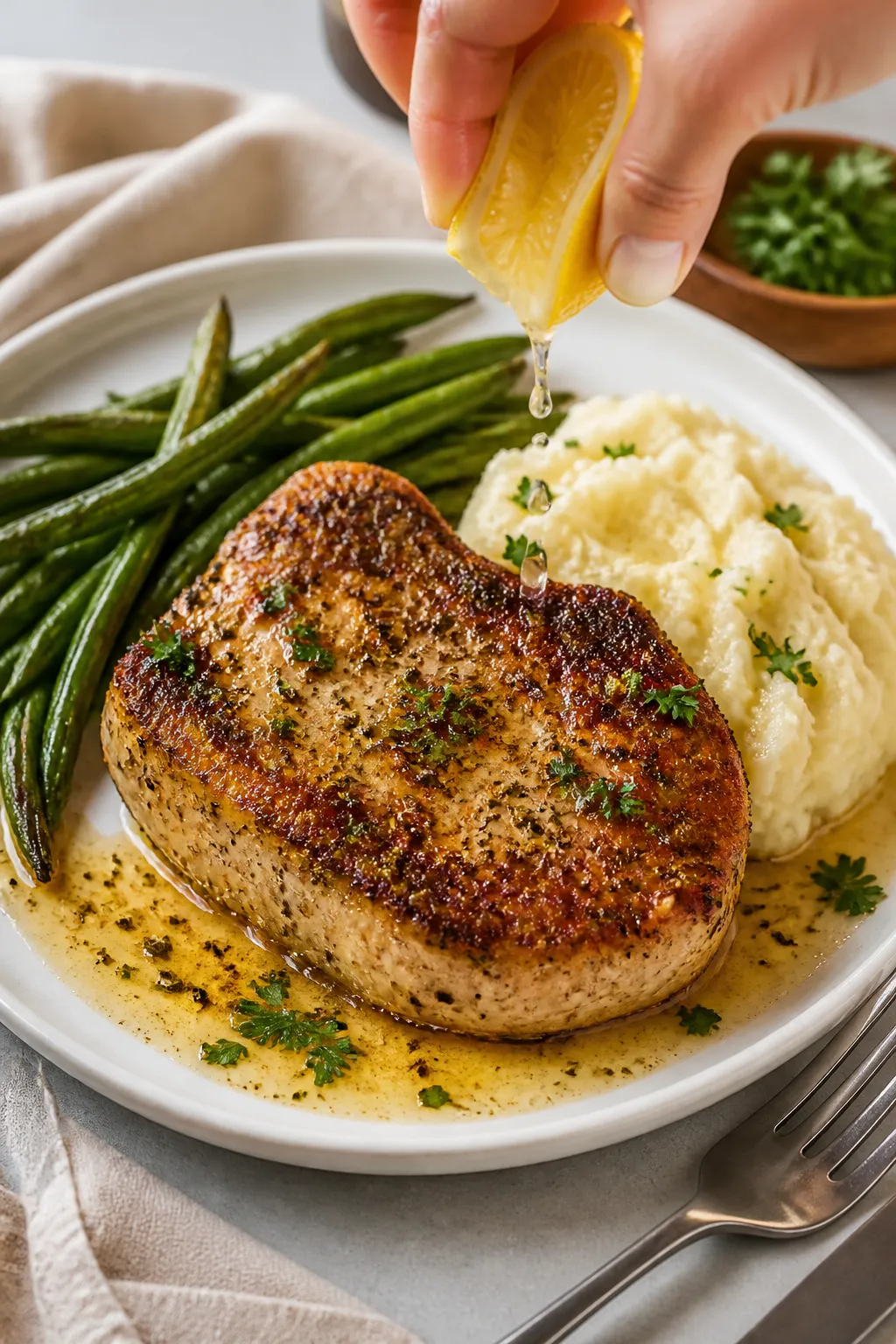 Final plated dish: Restaurant-quality presentation of a single Garlic Parmesan Pork Chop on a white