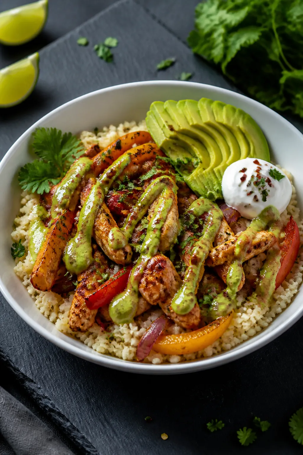 Final plated dish: Restaurant-quality presentation of a composed low-carb fajita bowl—succulent ch