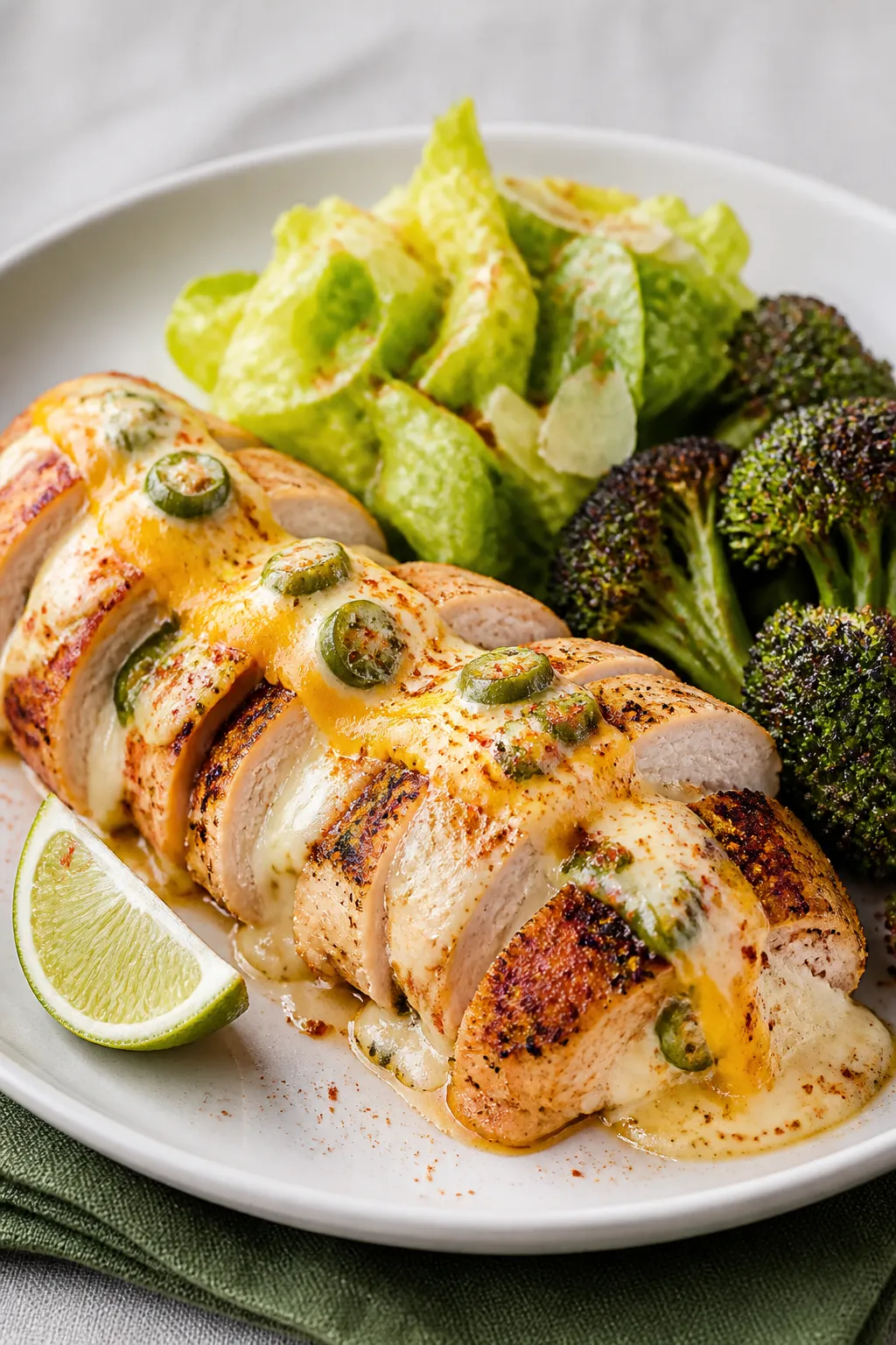 Final plated dish: Restaurant-quality presentation of a sliced jalapeño popper chicken breast on a 