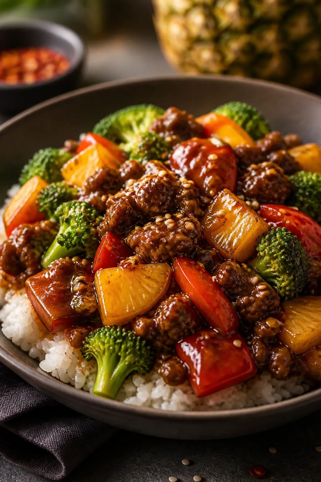 Final plated hero: Beautifully plated Ground Beef Teriyaki bowl on a matte ceramic dish—steaming r
