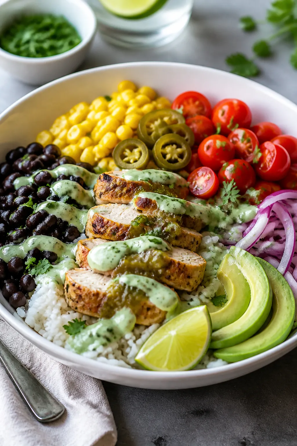 Final plated hero: Beautifully plated Healthy Salsa Verde Chicken Bowl in a wide white bowl—fluffy
