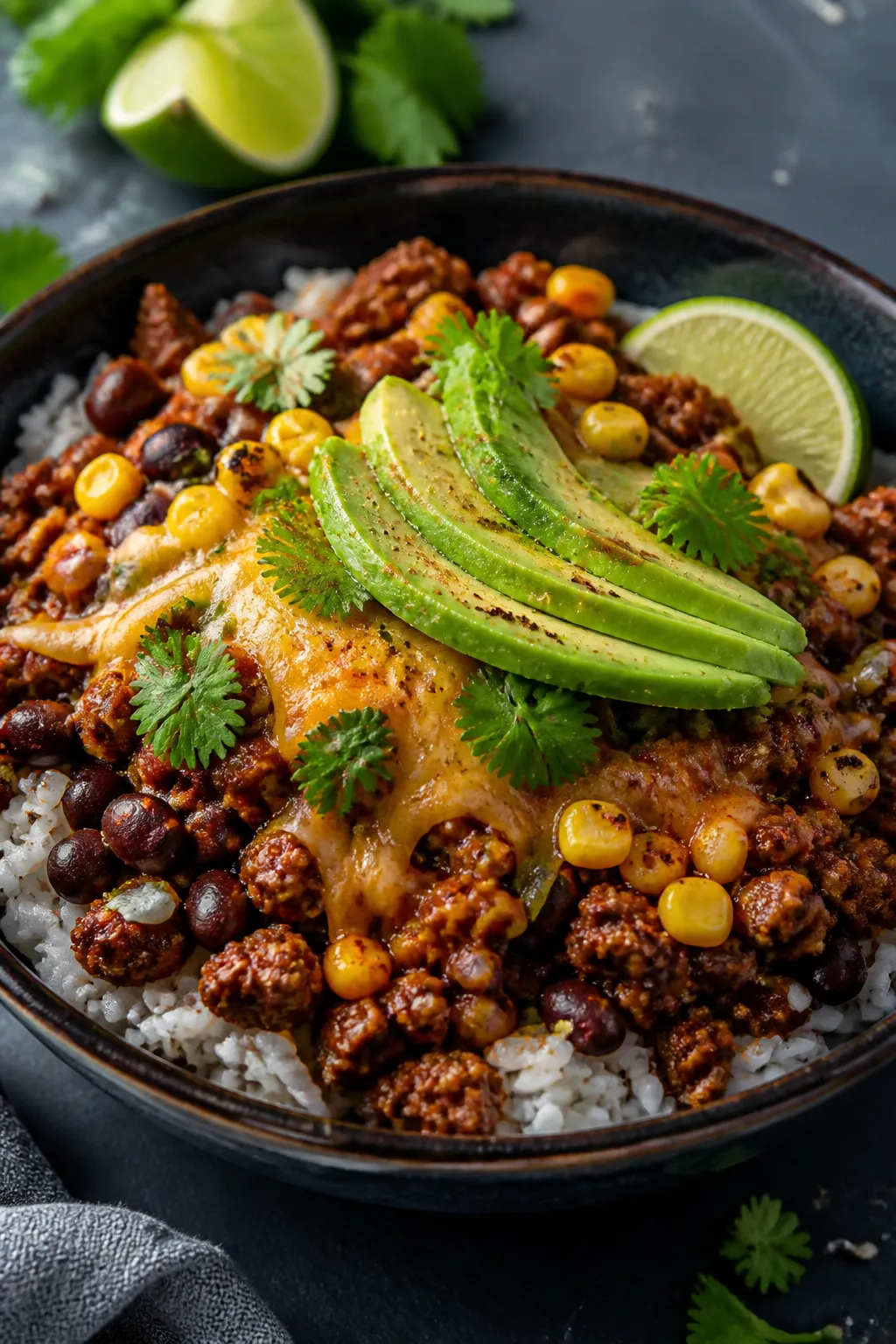 Final plated hero: Beautifully plated single Turkey Taco Rice Bowl, three-quarter angle close-up hig