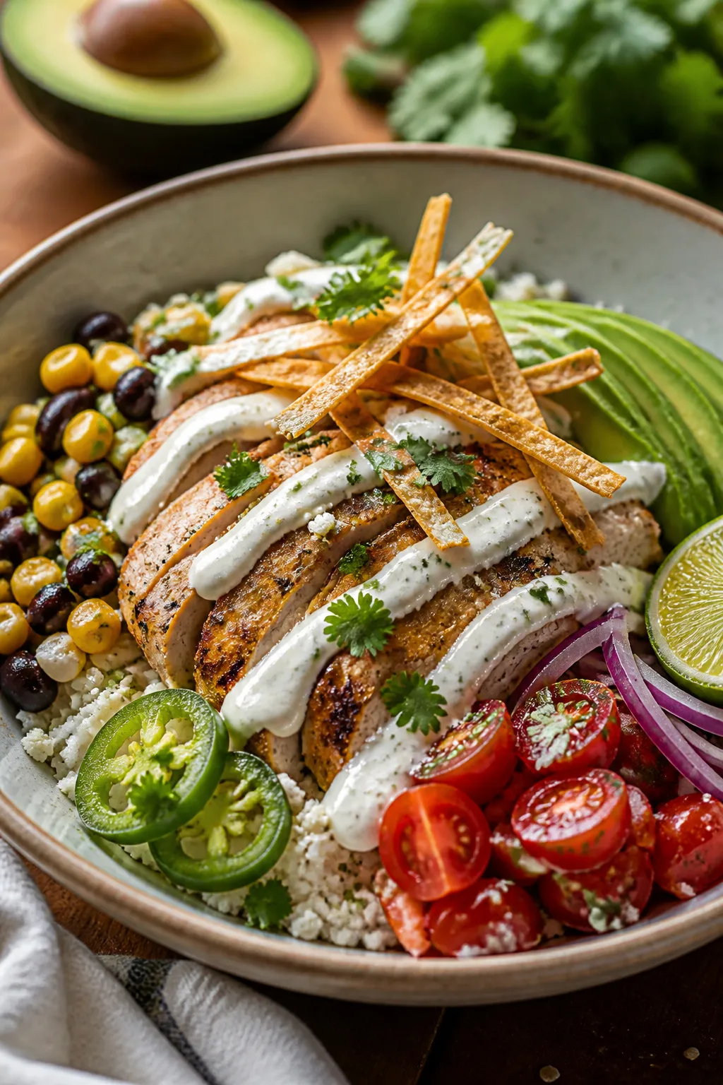 Final plated hero bowl: Close-up of a fully assembled Southwest Chicken Bowl in a wide, shallow cera