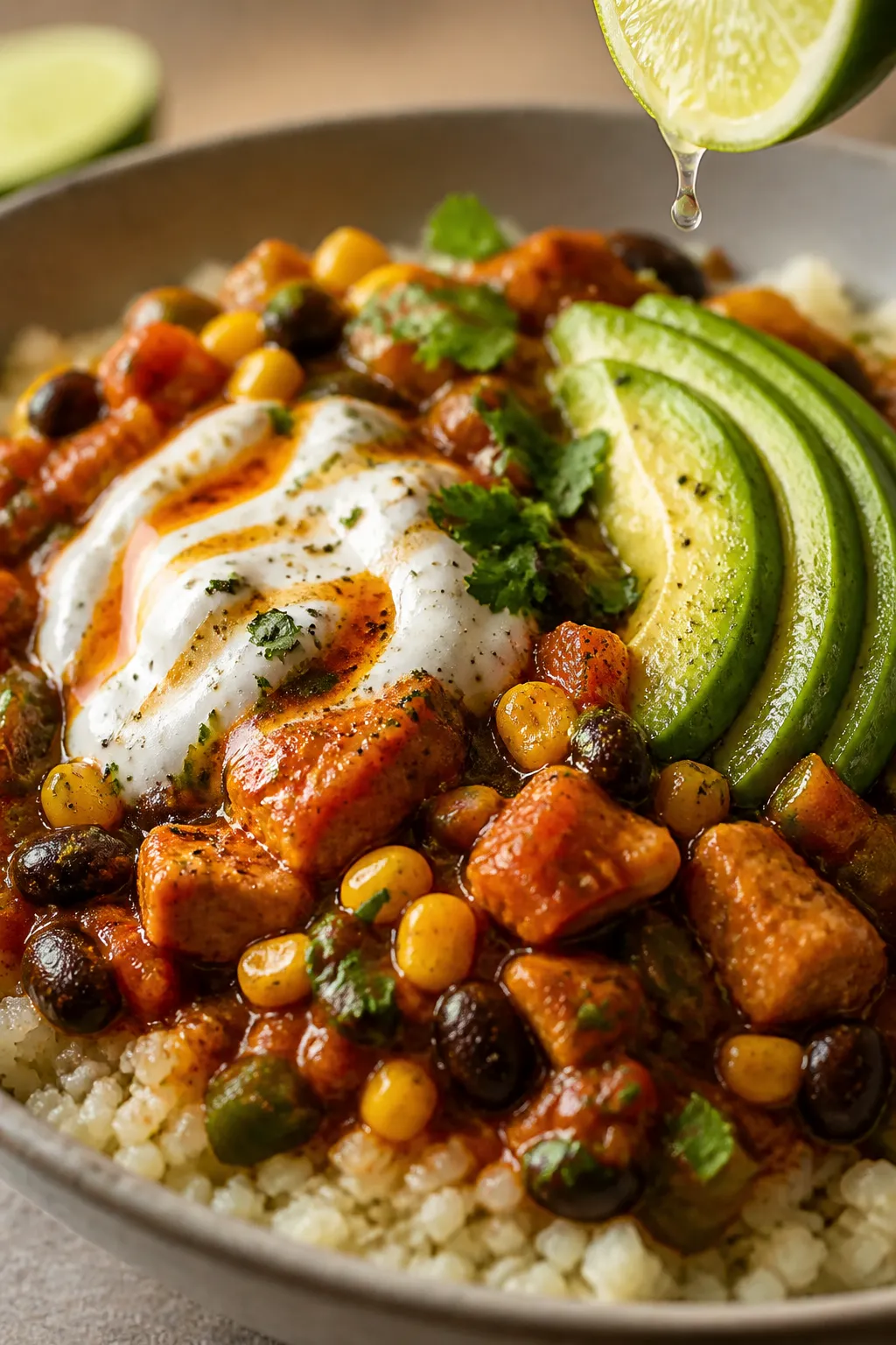 Final plated hero, close-up detail: Beautifully plated Healthy Turkey Enchilada Bowl on cauliflower