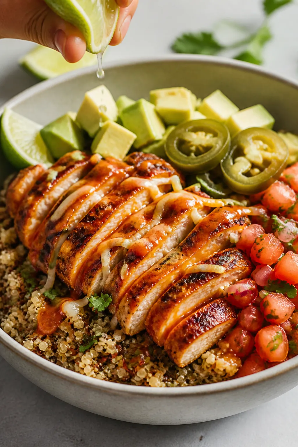 Final plated hero image: restaurant-quality burrito bowl variation with quinoa base, grilled marinat