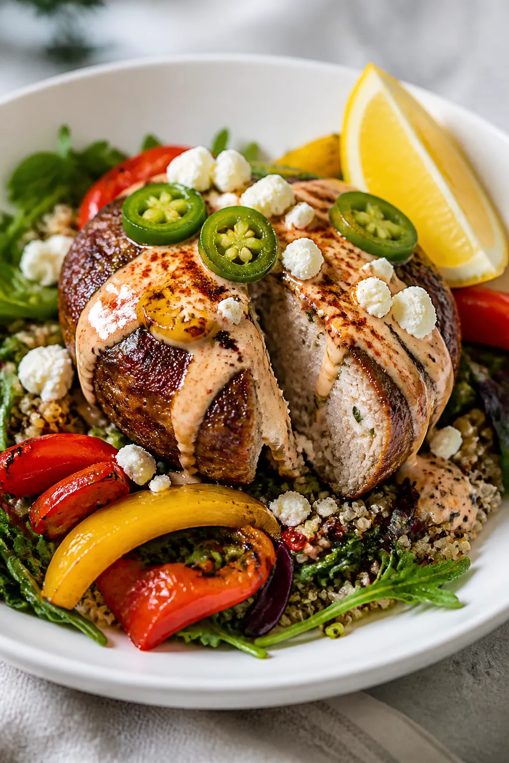 Final plated hero: Restaurant-quality turkey burger bowl presented on a wide, matte white shallow bo