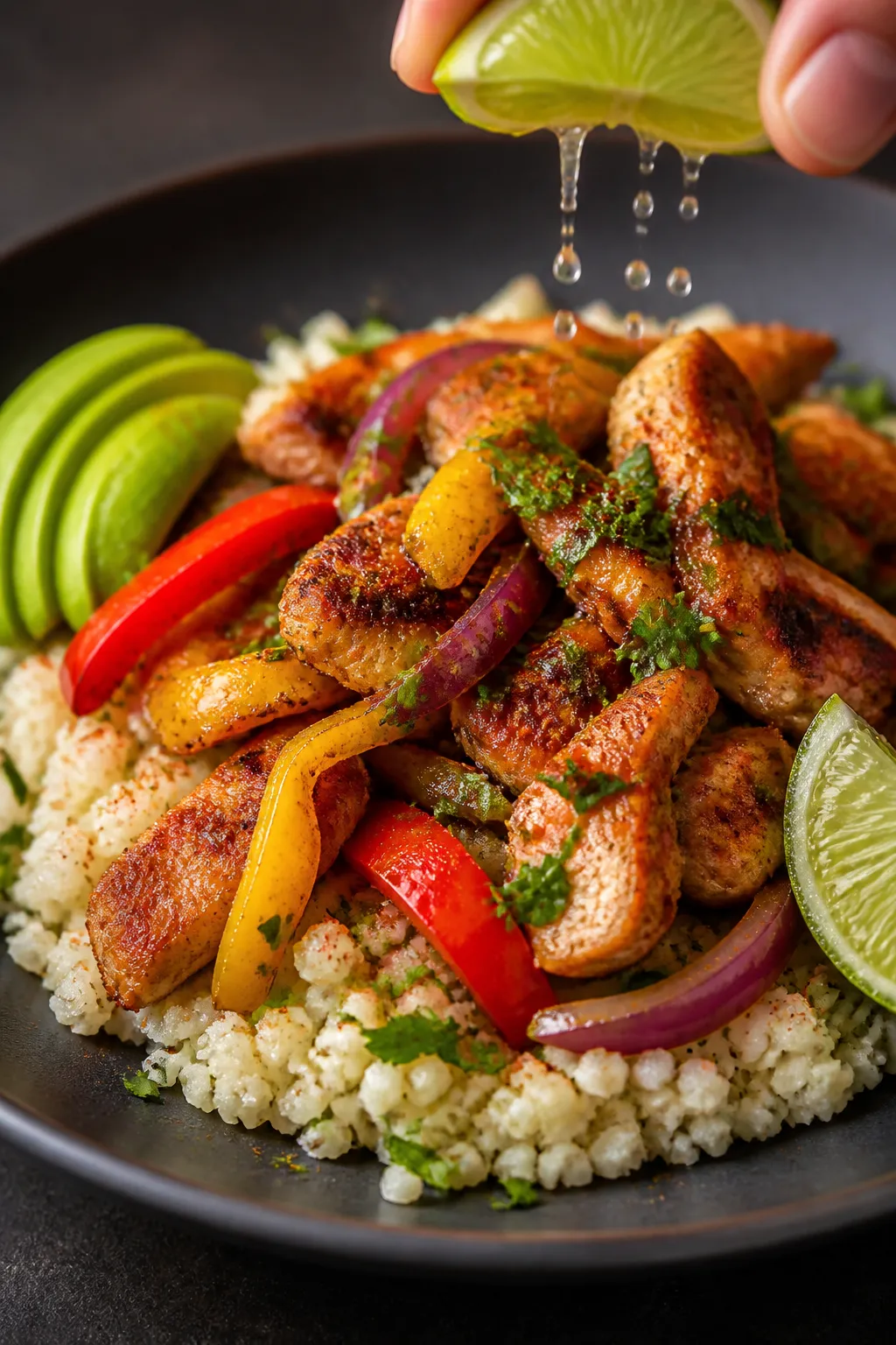 Final plated hero shot, close-up: Beautifully plated Chicken Fajita Cauliflower Rice Bowl on a dark 