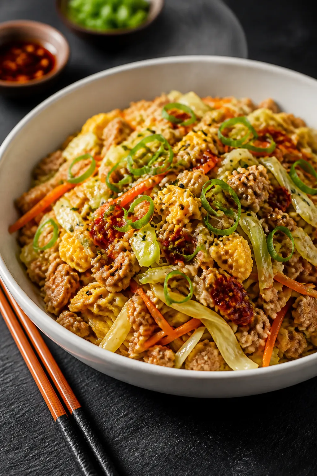 Final plated hero shot: Restaurant-quality bowl of Healthy Egg Roll In A Bowl with the optional soft